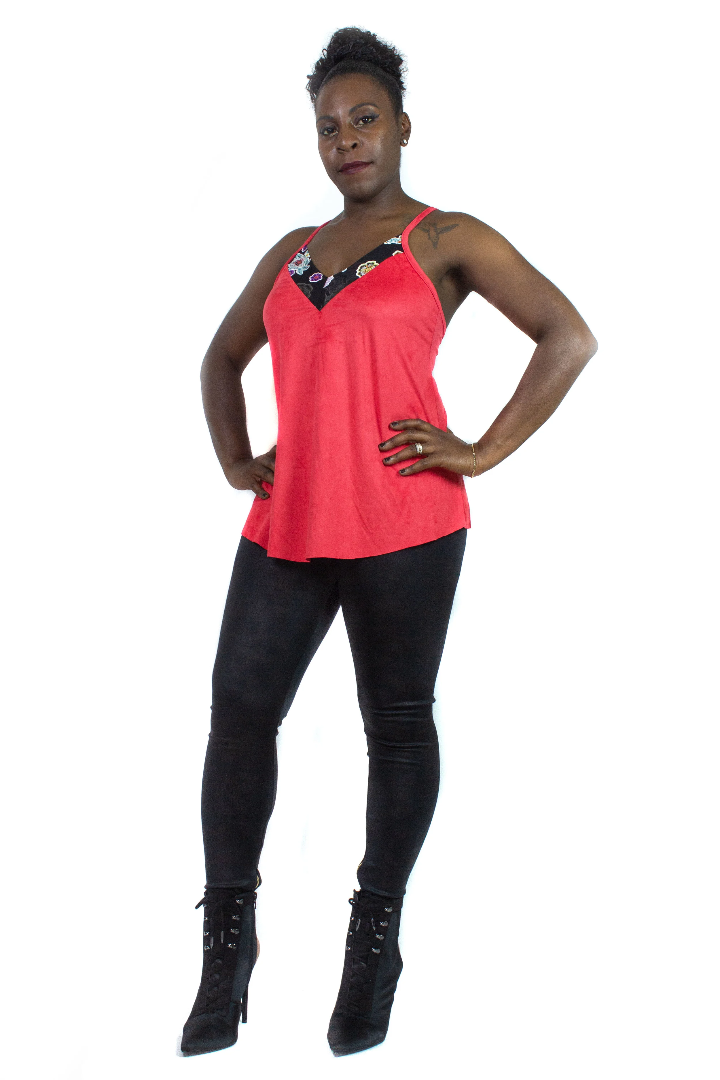 Red Faux Suede Floral Cami