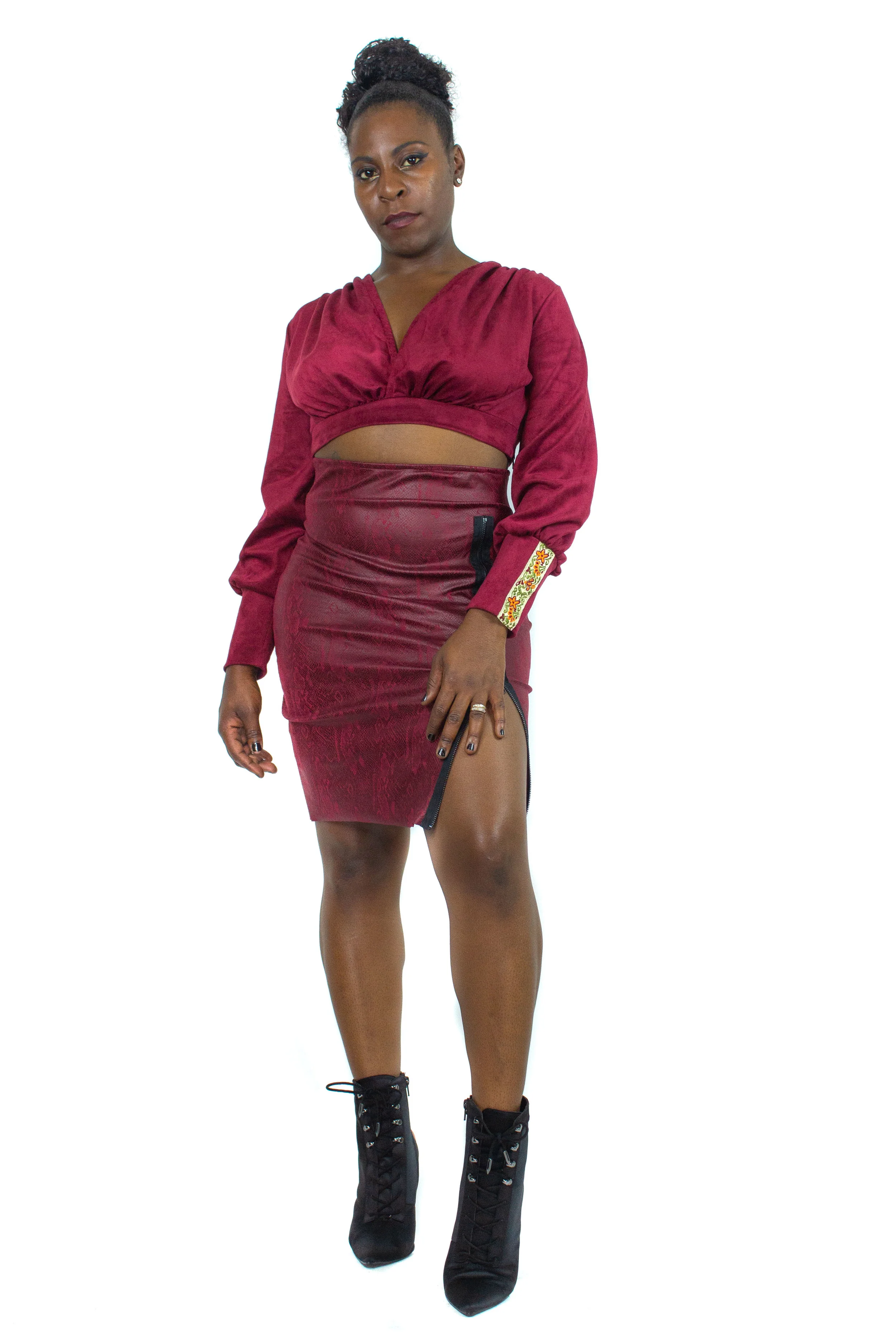 Burgundy Faux Leather Zipper Pencil Skirt
