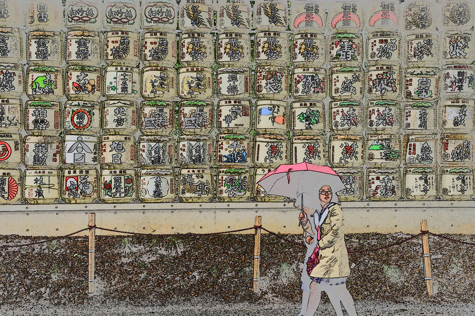 Rows of sake barrels are displayed at the Meiji Shrine. The sake barrels, called kazaridaru in Japanese, are used as a symbol of bringing Shinto gods and people together. 