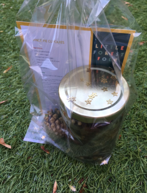 Complete with a pine cone and delicious mincemeat cupcake recipe card.