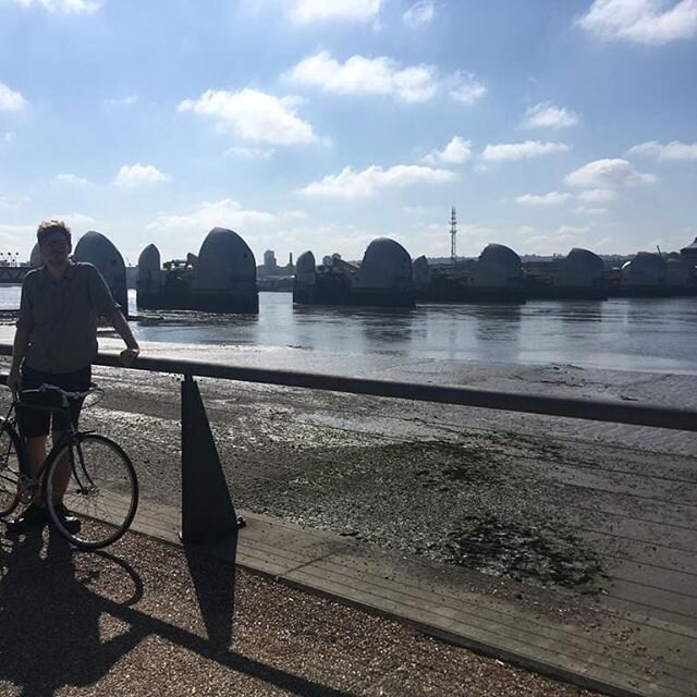 Thames barrier at low tide, cool mud flats