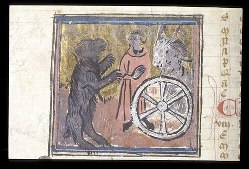 Detail of a miniature of Bruin the bear demanding from Lietard the peasant his best ox..jpg