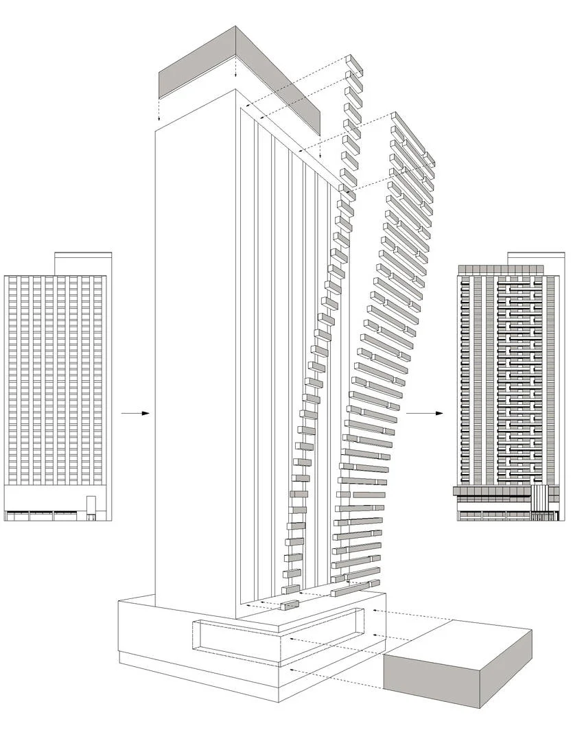 High-Rise Location: Chicago, IL Images: Studio Dwell Project Statement This project was once the world's tallest concrete frame residential building. It currently has the highest rooftop pool in Chicago-few use it because of wind problems. Its corner location, across from the historic Water Tower is highly prominent, but everyone knows it as the "Walgreen's building", the ground floor tenant. The first five floors consist of a blank stone wall on the Magnificent Mile, the highest rent street in the US. The goal: To "re-envision" the building. To add building amenities, to redefine the residential entry, to explore possible commercial income all while respecting the existing building language. The solution: Expand Walgreen's glass exposure and enlarge / update the residential lobby. Parking was reconfigured using stacking units to allow for a gym on the 4th and a restaurant on the 5th that becomes a dramatic cantilevered glass box overlooking Water Tower. Glass panels were added to the roof pool for wind control / privacy. Finally, newly "weaved" private glass faced terraces were added that play off the buildings vertical stone bands.