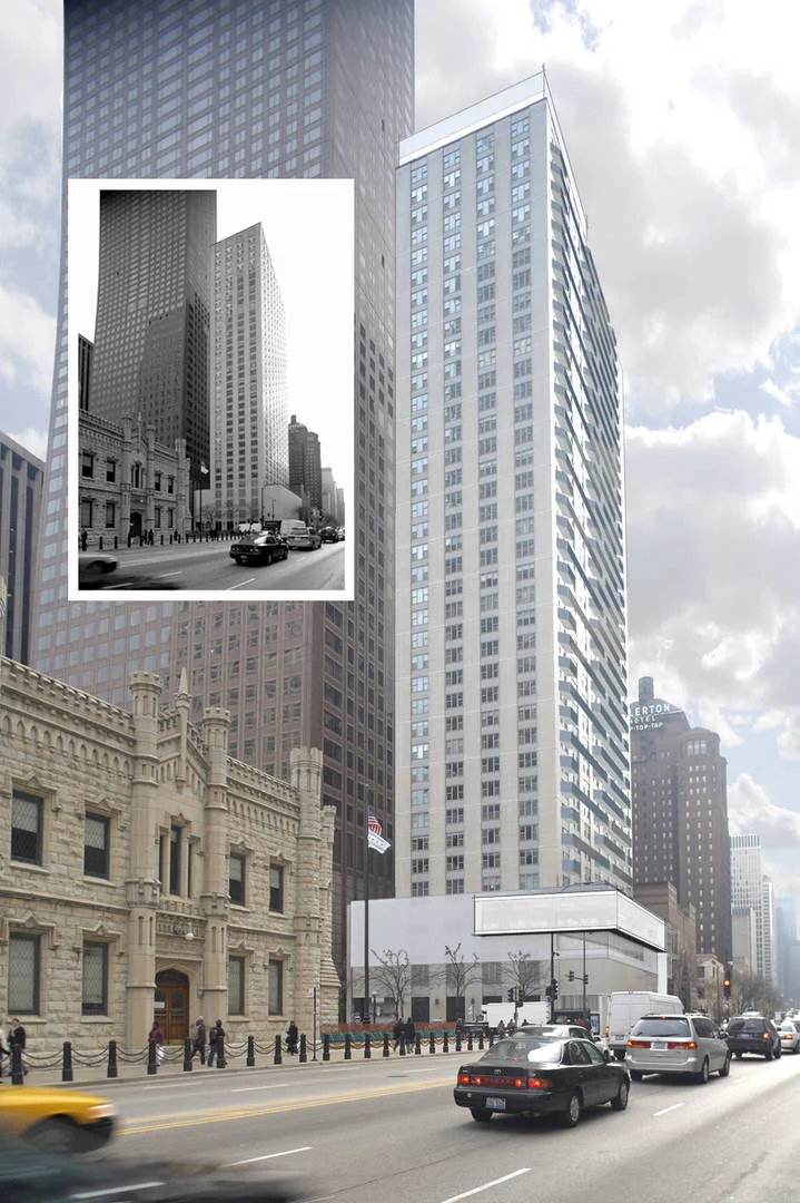 High-Rise Location: Chicago, IL Images: Studio Dwell Project Statement This project was once the world's tallest concrete frame residential building. It currently has the highest rooftop pool in Chicago-few use it because of wind problems. Its corner location, across from the historic Water Tower is highly prominent, but everyone knows it as the "Walgreen's building", the ground floor tenant. The first five floors consist of a blank stone wall on the Magnificent Mile, the highest rent street in the US. The goal: To "re-envision" the building. To add building amenities, to redefine the residential entry, to explore possible commercial income all while respecting the existing building language. The solution: Expand Walgreen's glass exposure and enlarge / update the residential lobby. Parking was reconfigured using stacking units to allow for a gym on the 4th and a restaurant on the 5th that becomes a dramatic cantilevered glass box overlooking Water Tower. Glass panels were added to the roof pool for wind control / privacy. Finally, newly "weaved" private glass faced terraces were added that play off the buildings vertical stone bands.