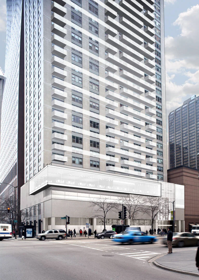 High-Rise Location: Chicago, IL Images: Studio Dwell Project Statement This project was once the world's tallest concrete frame residential building. It currently has the highest rooftop pool in Chicago-few use it because of wind problems. Its corner location, across from the historic Water Tower is highly prominent, but everyone knows it as the "Walgreen's building", the ground floor tenant. The first five floors consist of a blank stone wall on the Magnificent Mile, the highest rent street in the US. The goal: To "re-envision" the building. To add building amenities, to redefine the residential entry, to explore possible commercial income all while respecting the existing building language. The solution: Expand Walgreen's glass exposure and enlarge / update the residential lobby. Parking was reconfigured using stacking units to allow for a gym on the 4th and a restaurant on the 5th that becomes a dramatic cantilevered glass box overlooking Water Tower. Glass panels were added to the roof pool for wind control / privacy. Finally, newly "weaved" private glass faced terraces were added that play off the buildings vertical stone bands.