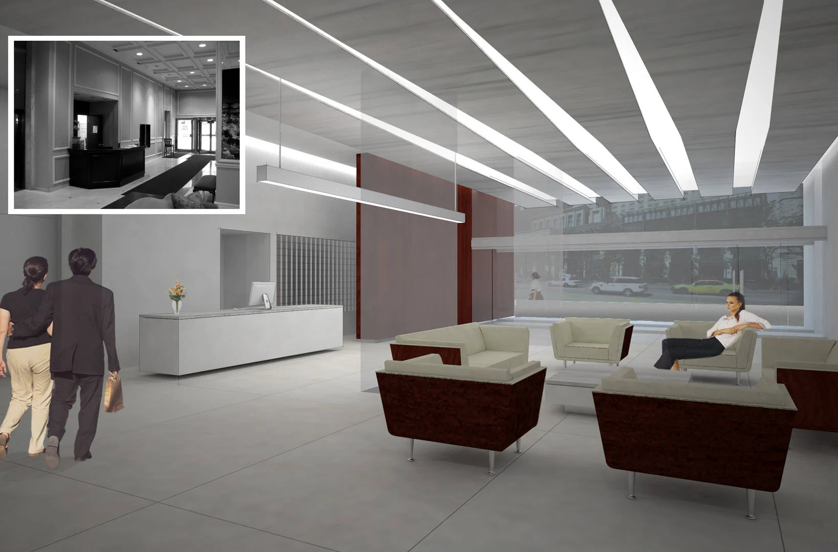 High-Rise Location: Chicago, IL Images: Studio Dwell Project Statement This project was once the world's tallest concrete frame residential building. It currently has the highest rooftop pool in Chicago-few use it because of wind problems. Its corner location, across from the historic Water Tower is highly prominent, but everyone knows it as the "Walgreen's building", the ground floor tenant. The first five floors consist of a blank stone wall on the Magnificent Mile, the highest rent street in the US. The goal: To "re-envision" the building. To add building amenities, to redefine the residential entry, to explore possible commercial income all while respecting the existing building language. The solution: Expand Walgreen's glass exposure and enlarge / update the residential lobby. Parking was reconfigured using stacking units to allow for a gym on the 4th and a restaurant on the 5th that becomes a dramatic cantilevered glass box overlooking Water Tower. Glass panels were added to the roof pool for wind control / privacy. Finally, newly "weaved" private glass faced terraces were added that play off the buildings vertical stone bands.