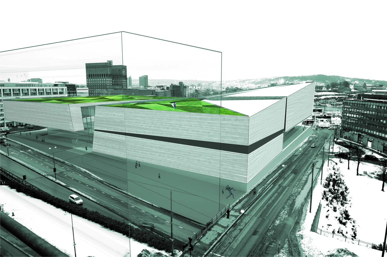 Competition Location: Olso, Norway Images: Studio Dwell New Concept. New Typology. New Museum. New City. The forward thinking Museum of today has to do more than display Art. It has to inspire. Inspiration comes from our world made up of plants, animals and minerals. All combine to influence, shape and inspire our life's experiences. Our museum combines formerly separate typologies into one new complex. The New National Museum of Art, Architecture and Design at Vestbanen will form a complex to house and display treasured art, an observatory that looks out to the Fjord, City Hall, the Akershus fortress, the Opera House and the new Munch Museum, a rooftop botanical sculptural Sky Garden of indigenous native species and an urban plaza terrain that blurs the boundary between the city and the Museum, between the visitor and the Oslo’s vibrant inhabitants. A new cultural complex for inspiration. This new typological complex will energize the existing Landmarks, consolidating the qualities of the open urban spaces and establish Oslo as the New Modern City. The primary goal of this project is to redefine the current definition of the Museum while creating a relationship with an existing city full of rich cultural heritage. The new Museum will not only represent a permanent house to a collection of treasure art but will also engage its city and its people. The new Museum complex will be open to all and represent all forms of expression. The project will fill a vital patch in Oslo’s urban fabric and energize a new cultural center. The first and most important element of the new Museum complex will be the Plazas that extend existing outdoor urban spaces and create new ones that all blend onto the main floor level of the Museum. This extended and undulating landscape will blur the boundaries between the new and old buildings and between the exterior and interior spaces. The new Entry Plaza and Heritage Plaza are open and inviting. As a gesture of connection between people and art, a third plaza is created, called the Government Plaza. This plaza is also tied to the new Museum complex and encourages circulation and involvement with the future government building. In an approach to further redefine the modern Museum complex, this project will offer elements not see in typical Museums. First will be an Observatory. Given the prominent location and the sweeping views of City Hall, the Mainline and Local Station Buildings, the Akershus Fortress and the Fjord, it seems important to offer these views to people. The spectacular views are sure to inspire the young and old. From the Observatory is connected another element not seen in typical Museums, a Sculptural Sky Garden. The Sculptural Sky Garden will serve as a sanctuary consisting of native indigenous plant species to Norway and serve as a backdrop to a spectacular sculpture park. The goal of the new Museum complex is to inspire. Nature, whether plants, animals, minerals, or the sky with its light and colors, have all served to inspire people and art. This new complex will serve as the catalyst. New City.