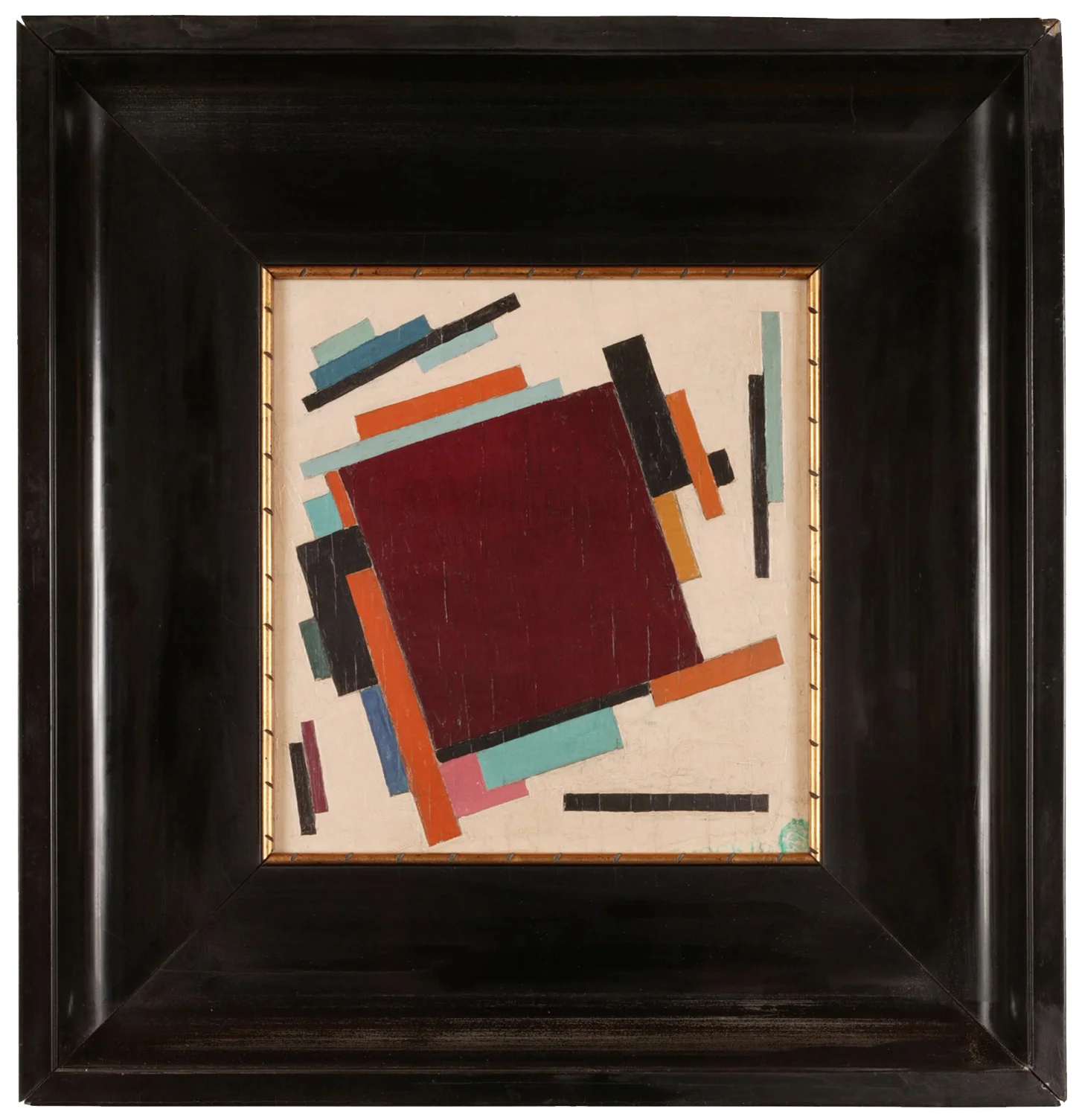 Unattributed. Unsigned. In the style of Kasimir Malevich Stamp in Russian, lower right, reads MOCKBA. Second painting on reverse depicting interior of room. Oil on plywood. 28 x 28 cm.