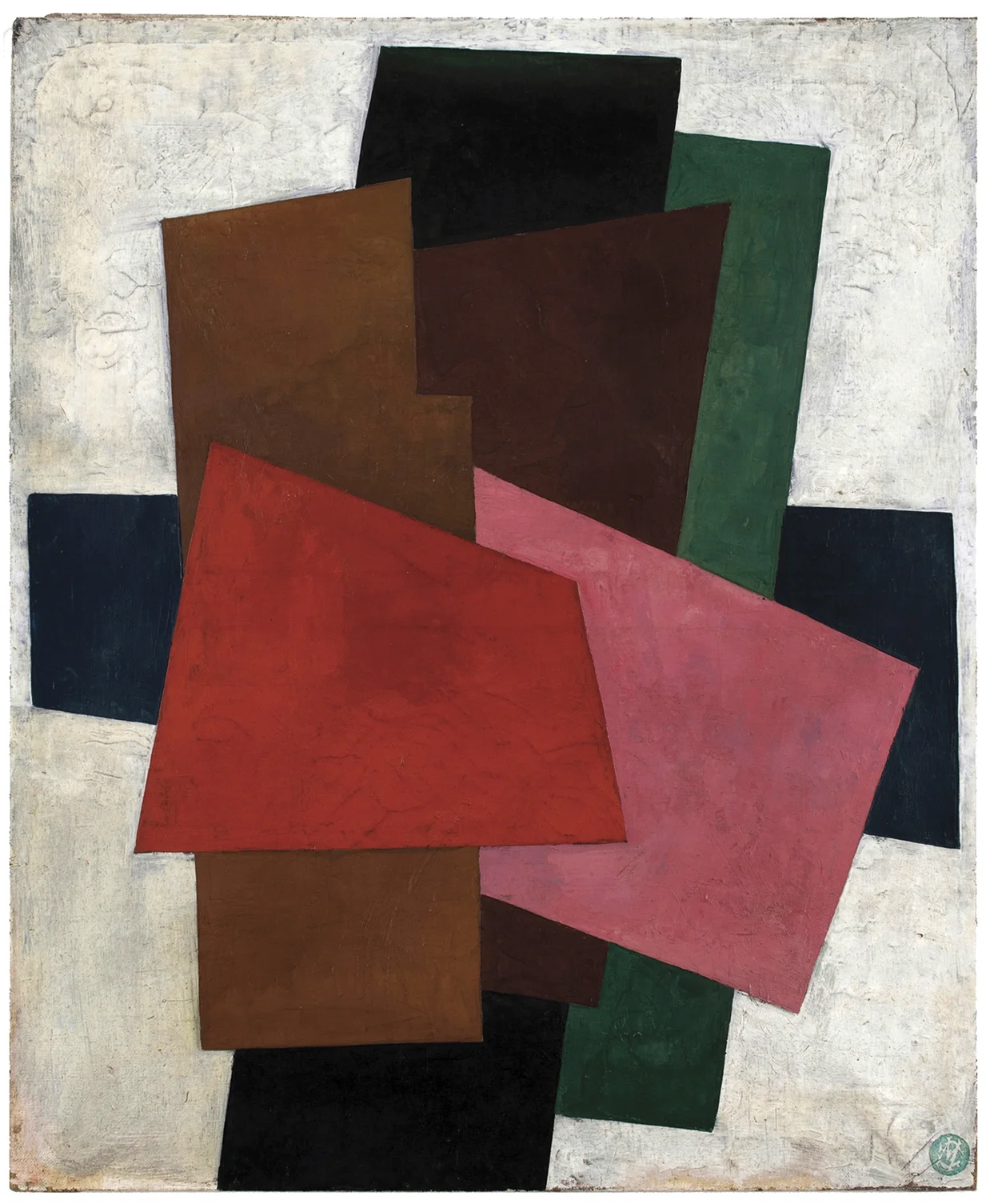 Unattributed. Unsigned. In the style of Lyubov Popova. Undeciphered ink stamp, lower right front. Oil on canvas, 60 x 50 cm.