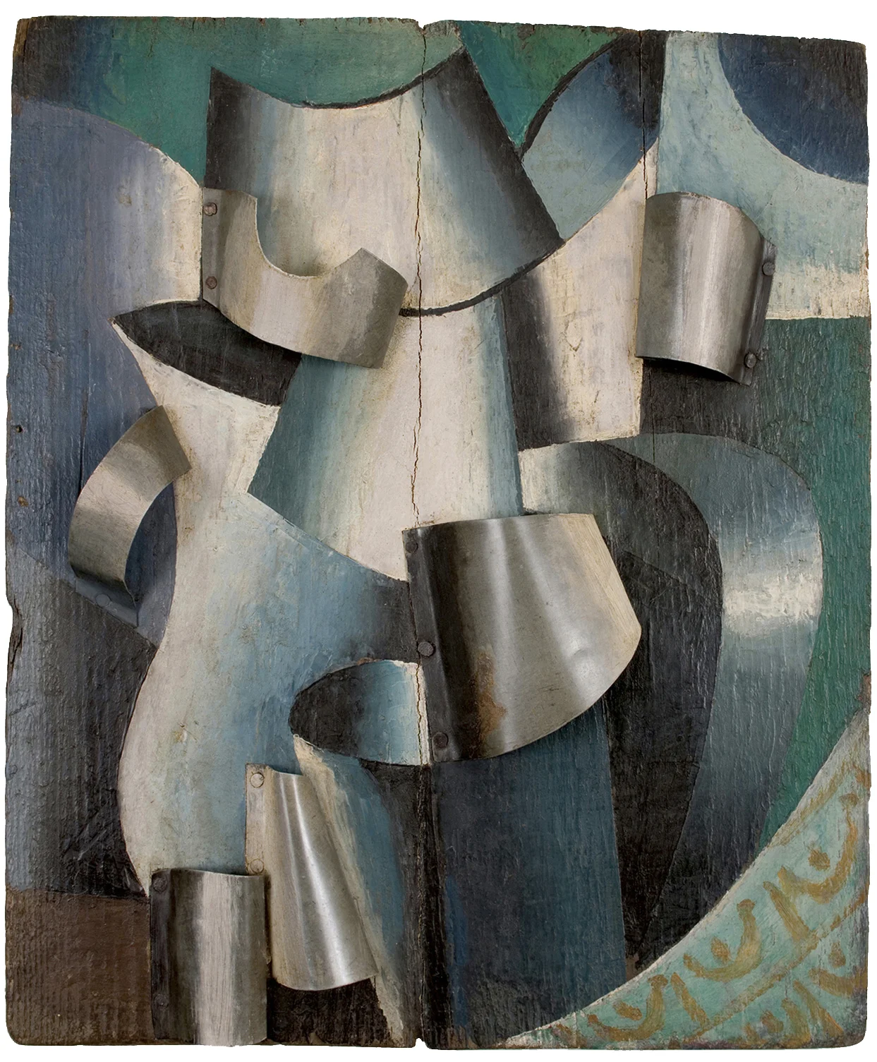 Unattributed. Unsigned. In the style of Lyubov Popova. Inscription on reverse translates “Water on a Table” Oil and metal on wood, 39 x 33 cm.