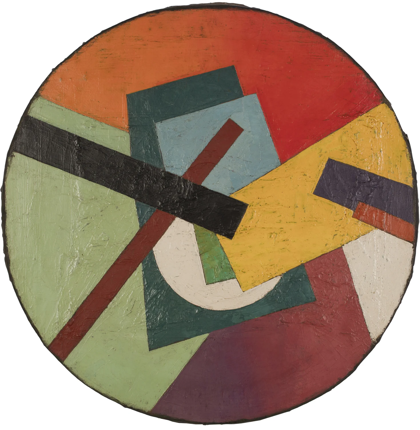 Unattributed. Unsigned. In the style of Ivan Kliun. Text in Russian on reverse translates to “SUPREMAT SKETCH”. Oil on canvas. 50 cm diameter.