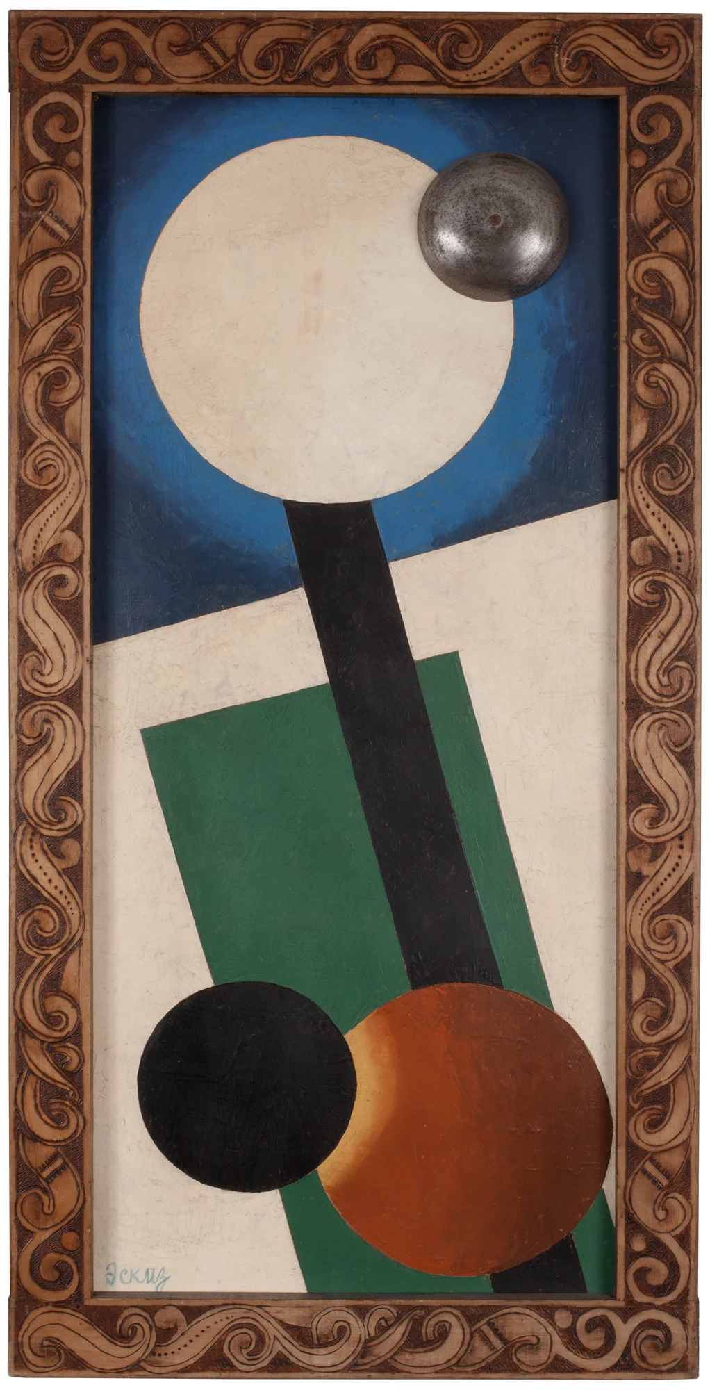 Unattributed. Unsigned. In the style of Alexander Rodchenko. Text in Russian, lower left front, translates to “Study”. Oil and metal bell on plywood. 53 x 25 cm.