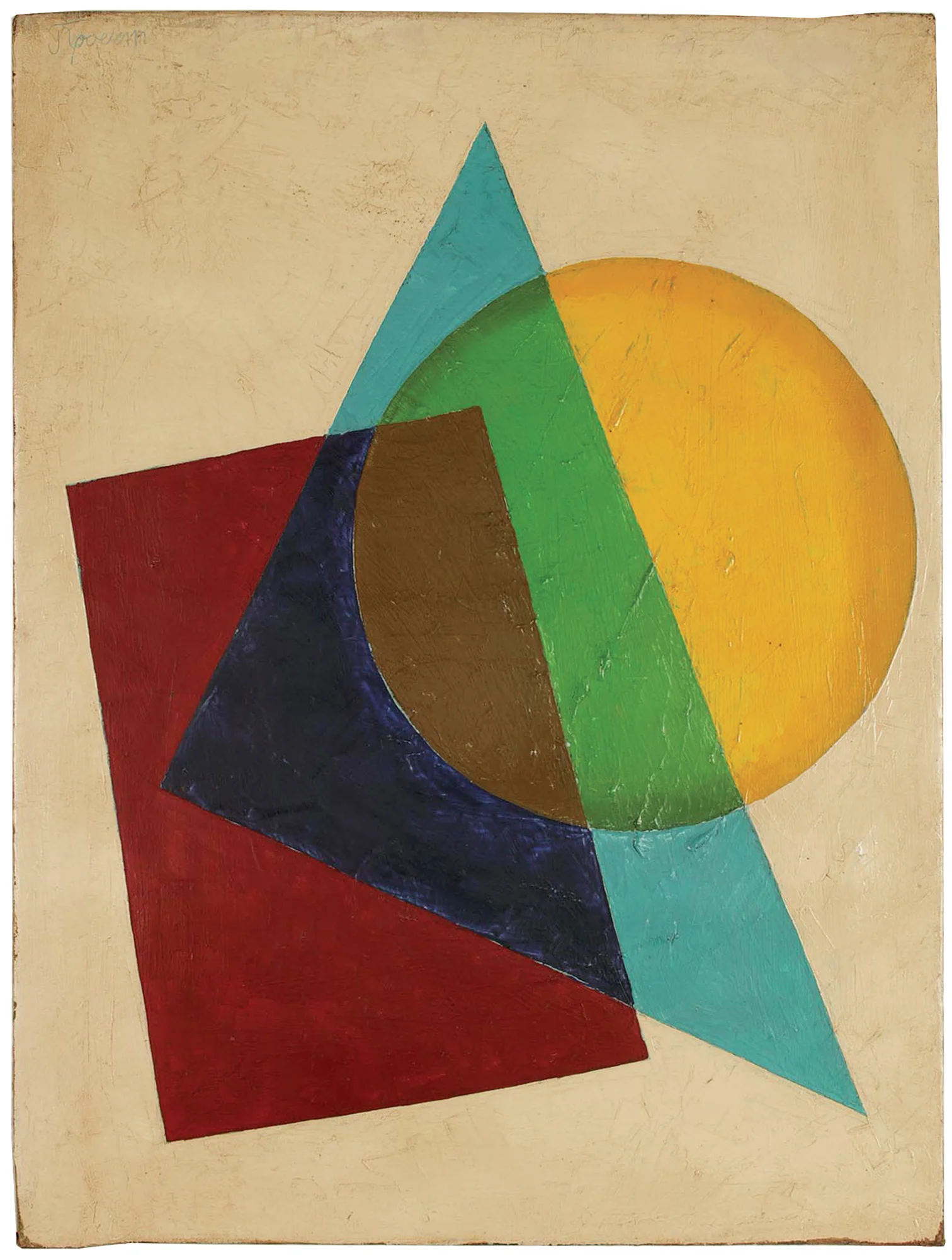 Unattributed. Unsigned. In the style of Ivan Kliun. Text written in Russian, in ink, on upper left front corner, translates to"Project". Oil on canvas. 60 x 45 cm.