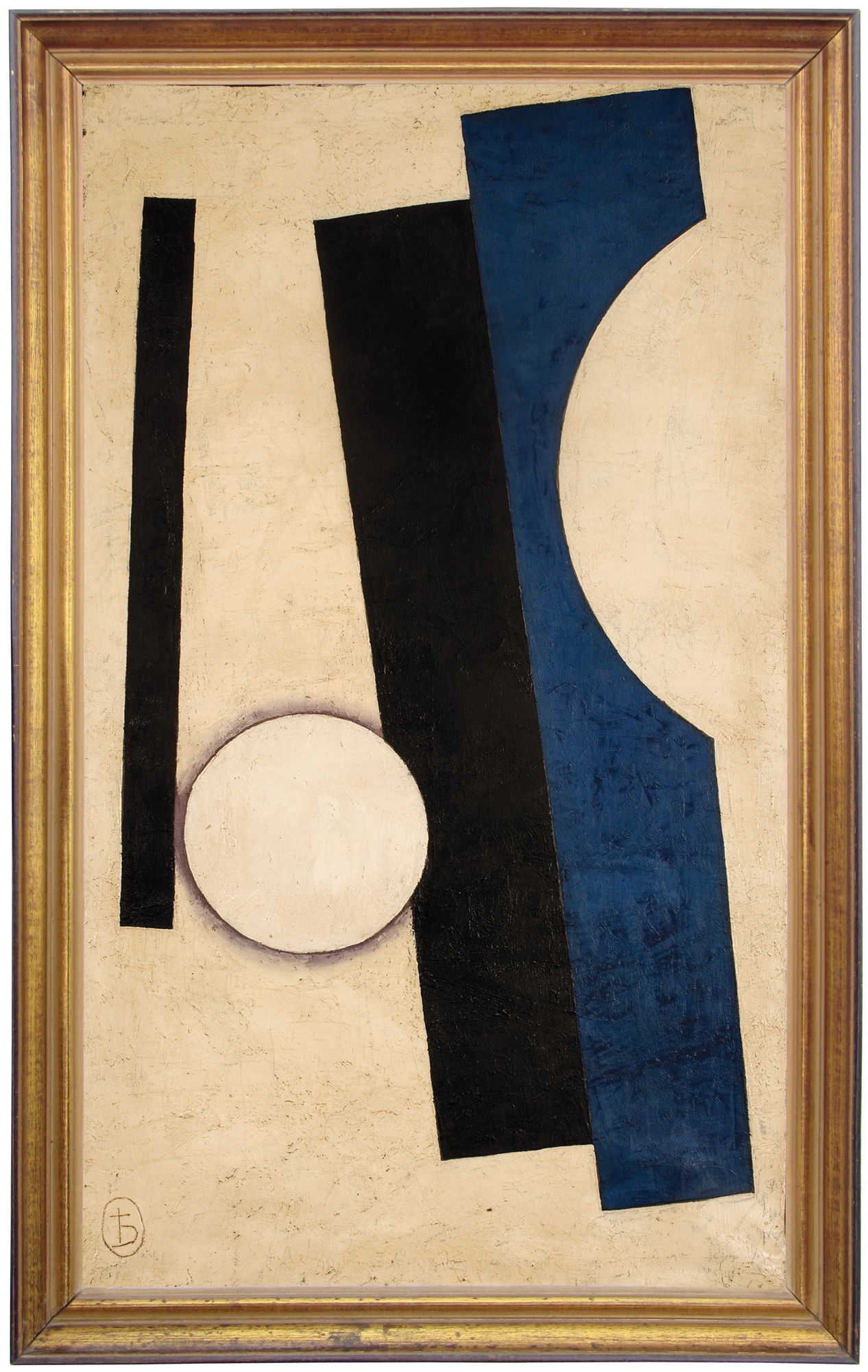  Unattributed. Signed“b” (archaic Cyrillic “yat” symbol),&nbsp;on the lower left front corner.&nbsp; In the style of Liubov Popova.&nbsp;Faint mark on the reverse appears to read “1916”. &nbsp;Oil on canvas. 83 x 50 cm.  &nbsp; 