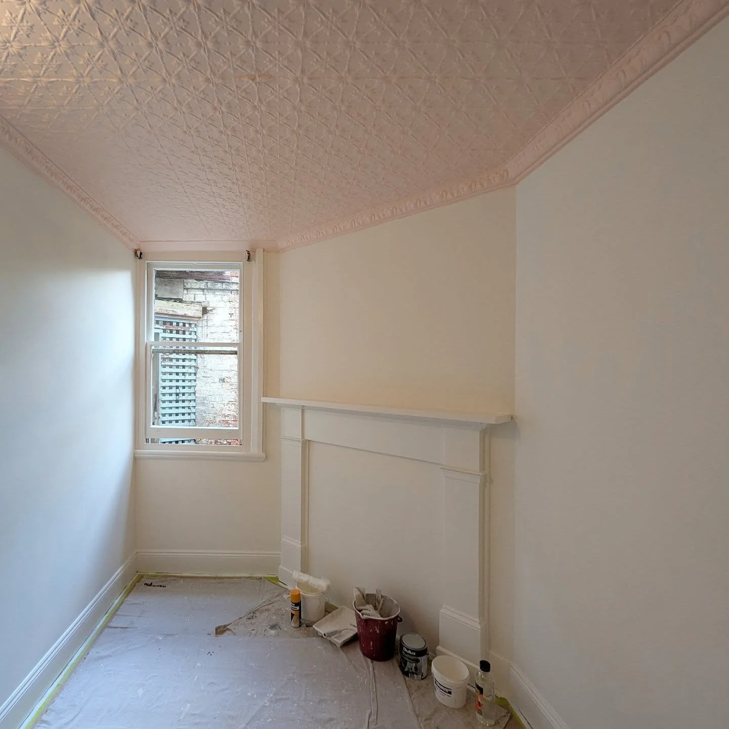 Baby pink 🩷 looks nice on the old pressed metal ceiling 
#oofarchitecture #oofwip #MIJITO #mostimportantjobintheoffice #marliplace