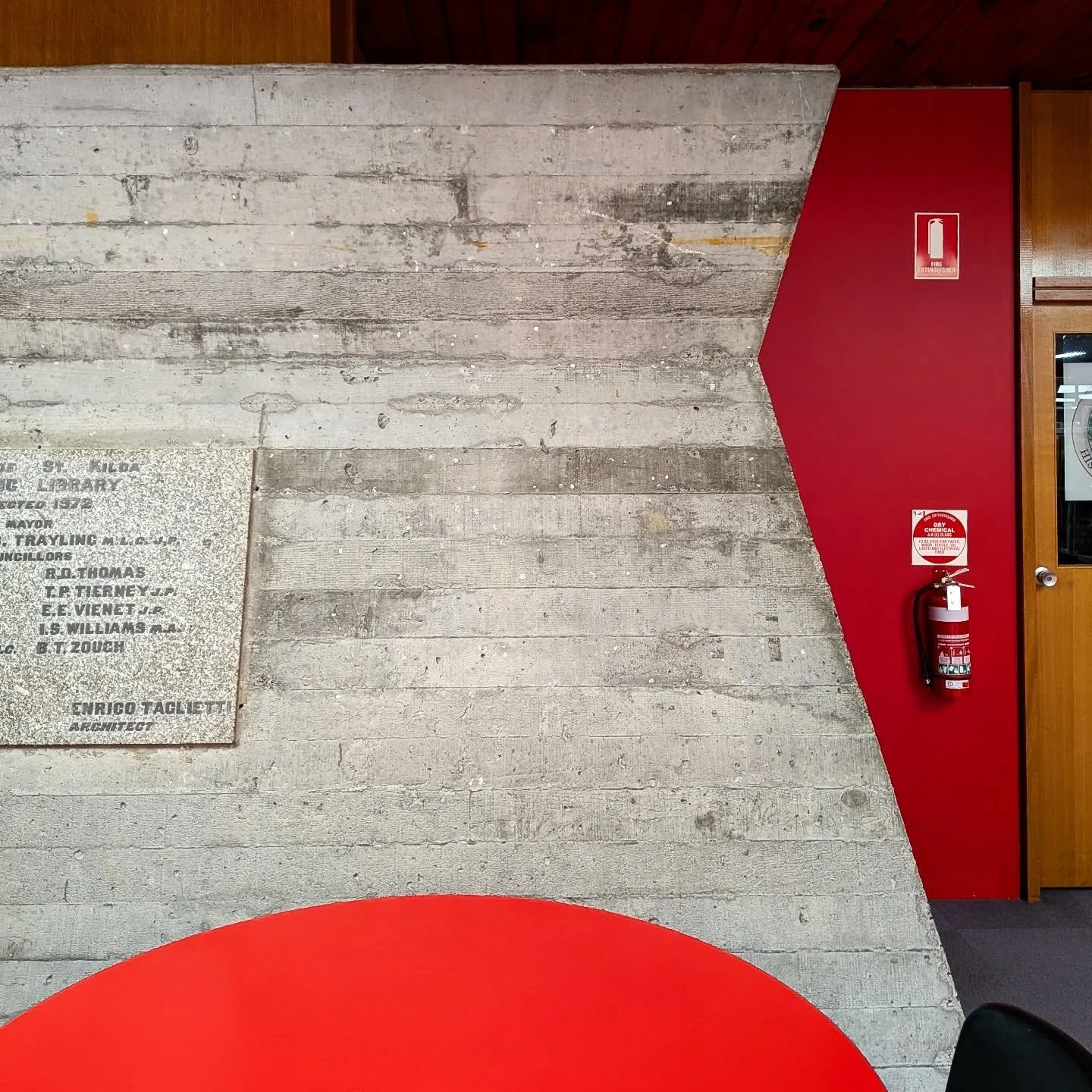 St Kilda library - still magnificent despite sticky taped  signs, safety gear and countless small indignities 
&gt; #EnricoTaglietti #Taglietti #stkildalibrary #carlislestreet #brutalism