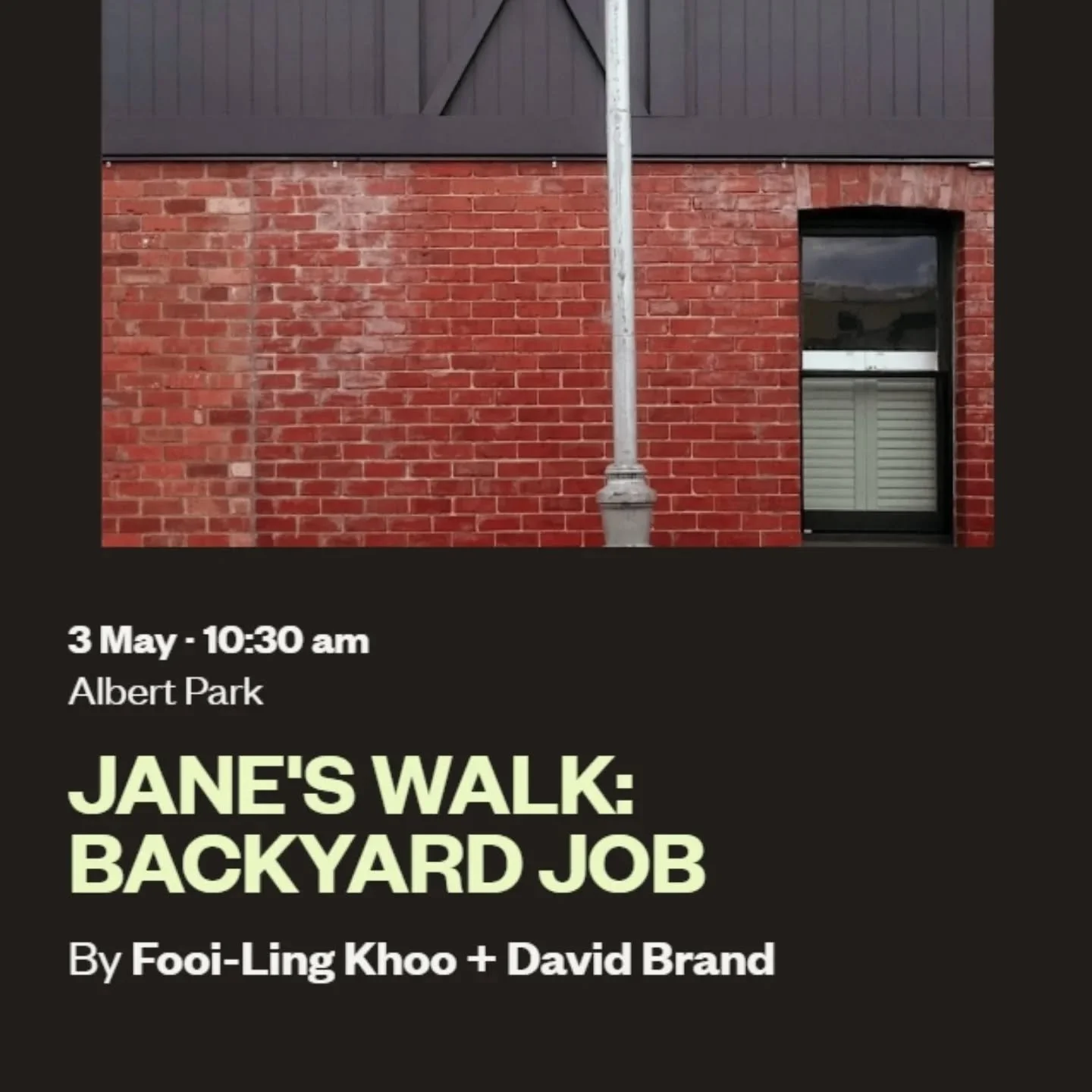 BOOKINGS OPEN! Celebrate #JaneJacobs' 110th birthday with me + @davidlbrand on a walking tour around genteel Albert Park. 

"Backyard Job" will take a look behind the big streets of grand Victoriana to discover some gems of 21st century arc