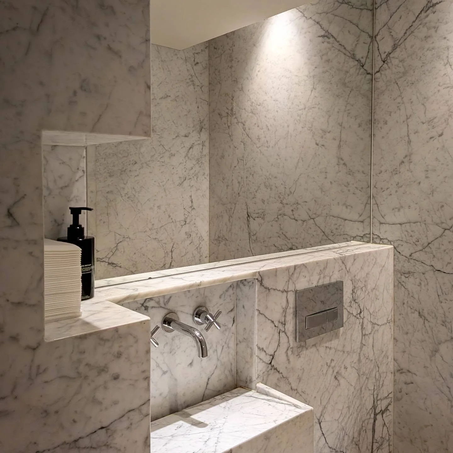 Last night of the local legend pt III: the lovely Carrara marble cave of the powder room... with bonus Italian dialogue. A little startling the first time you go
#cafedistasio #carraramarble