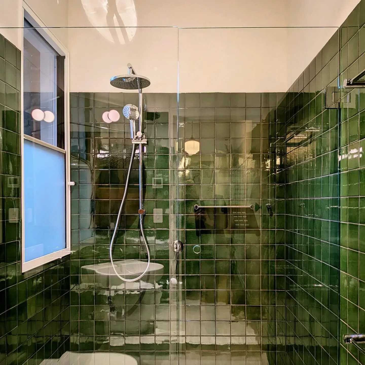 Under Construction: 💚 Gleaming green victory of good space planning over compact dimensions for the bathroom at #battenporchhouse 
🛠️: @mittyandprice 
#OOFarchitecture #OOFwip #burnley