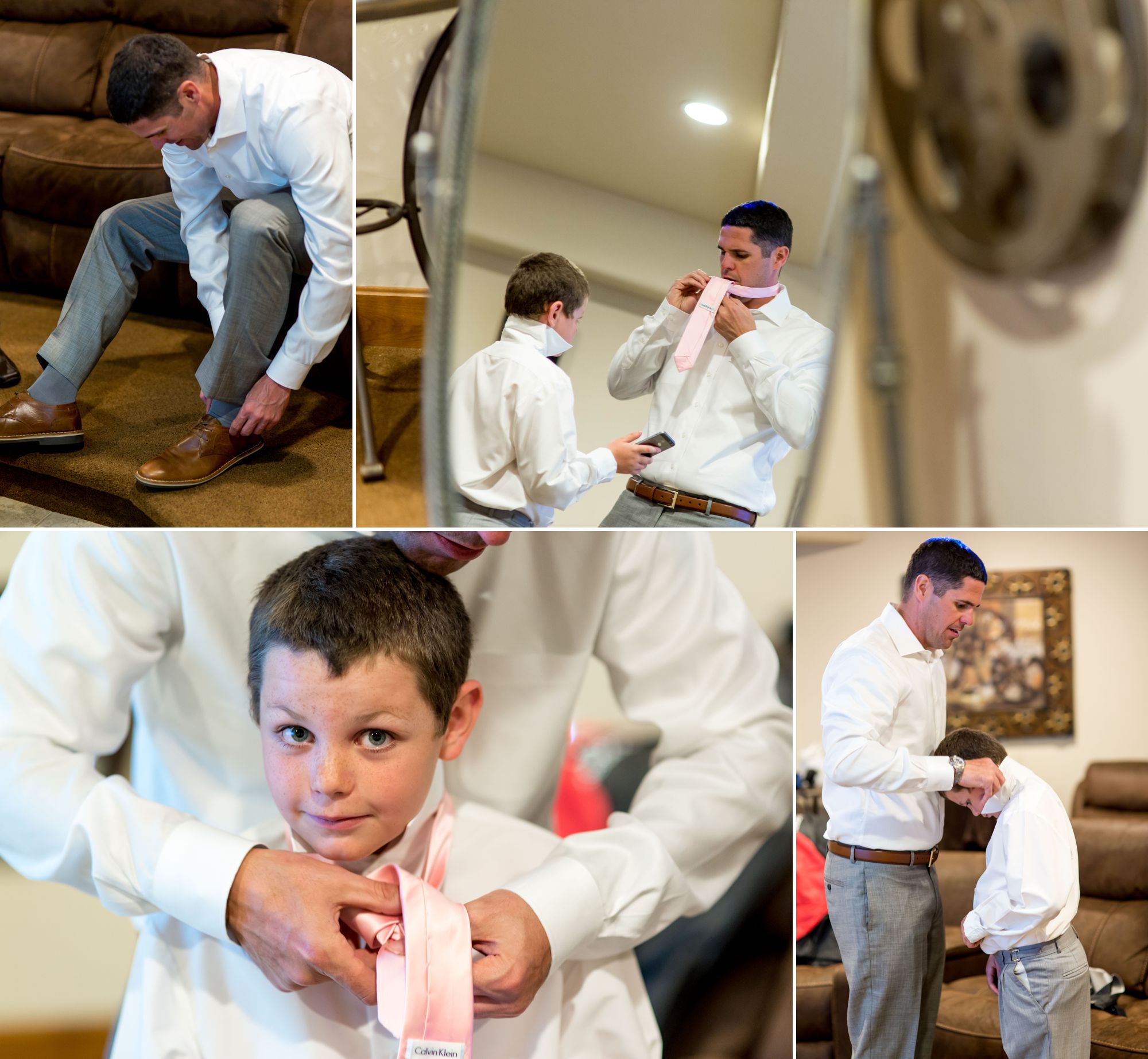 Groom and Best Man getting ready in the Theater Room at Della Terra!