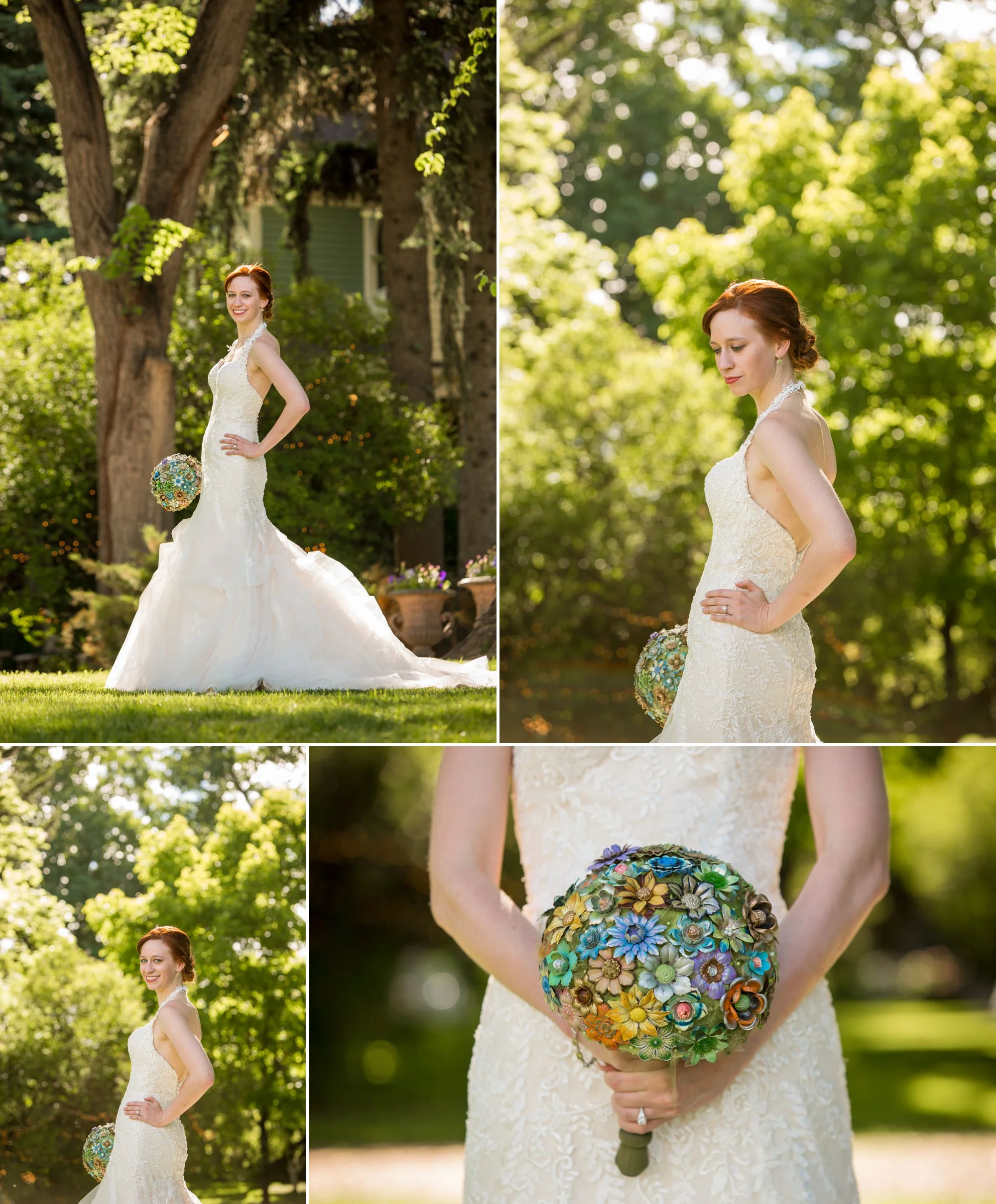 Gorgeous bride with her handmade bouquet from her grandmothers collection of antique shower hooks!