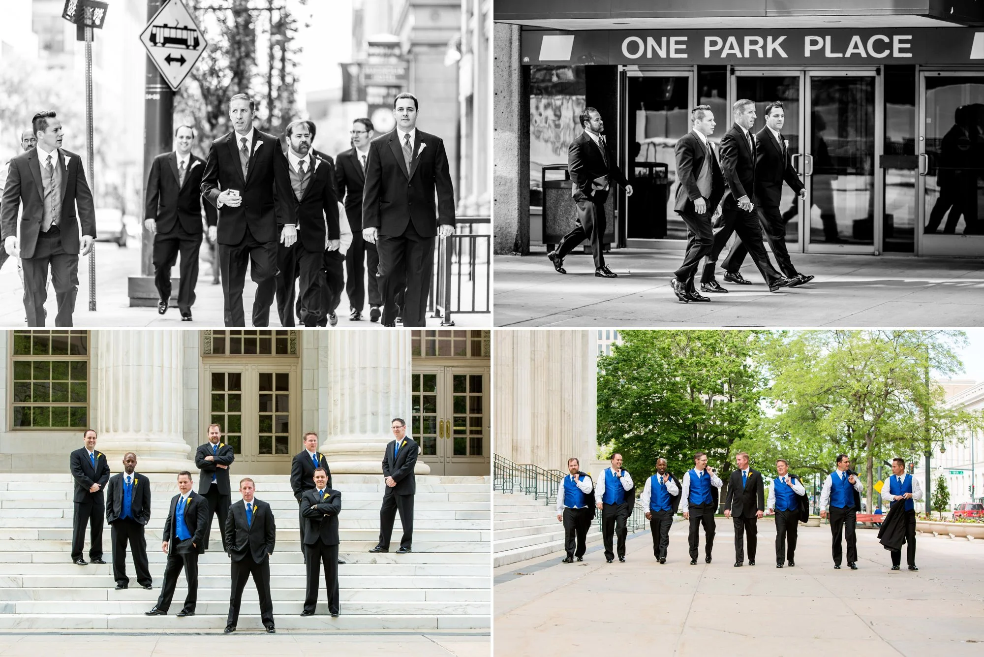 Groom and groomsmen on the steps of Denver's gorgeous courthouse.