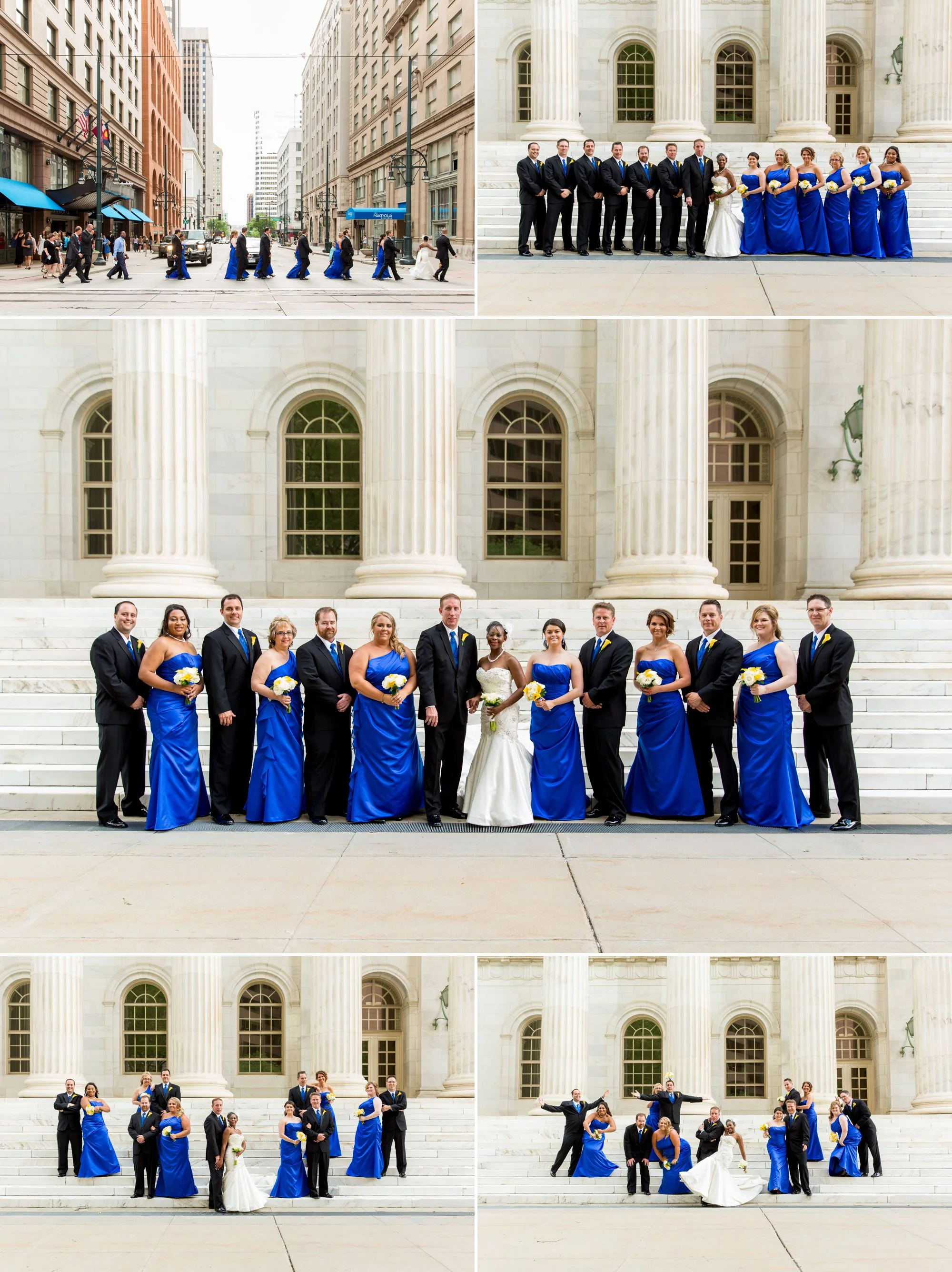 Friends forever!  Bridesmaids are wearing gorgeous blue gowns with a combination of white and yellow flowers as accents!