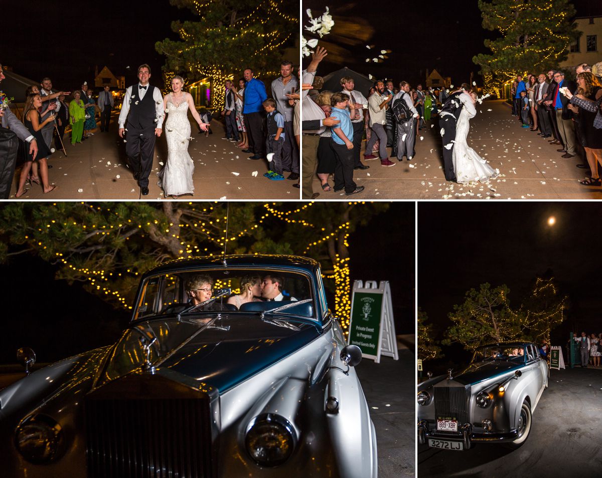 Gorgeous send off with a petal toss and Rolls-Royce!
