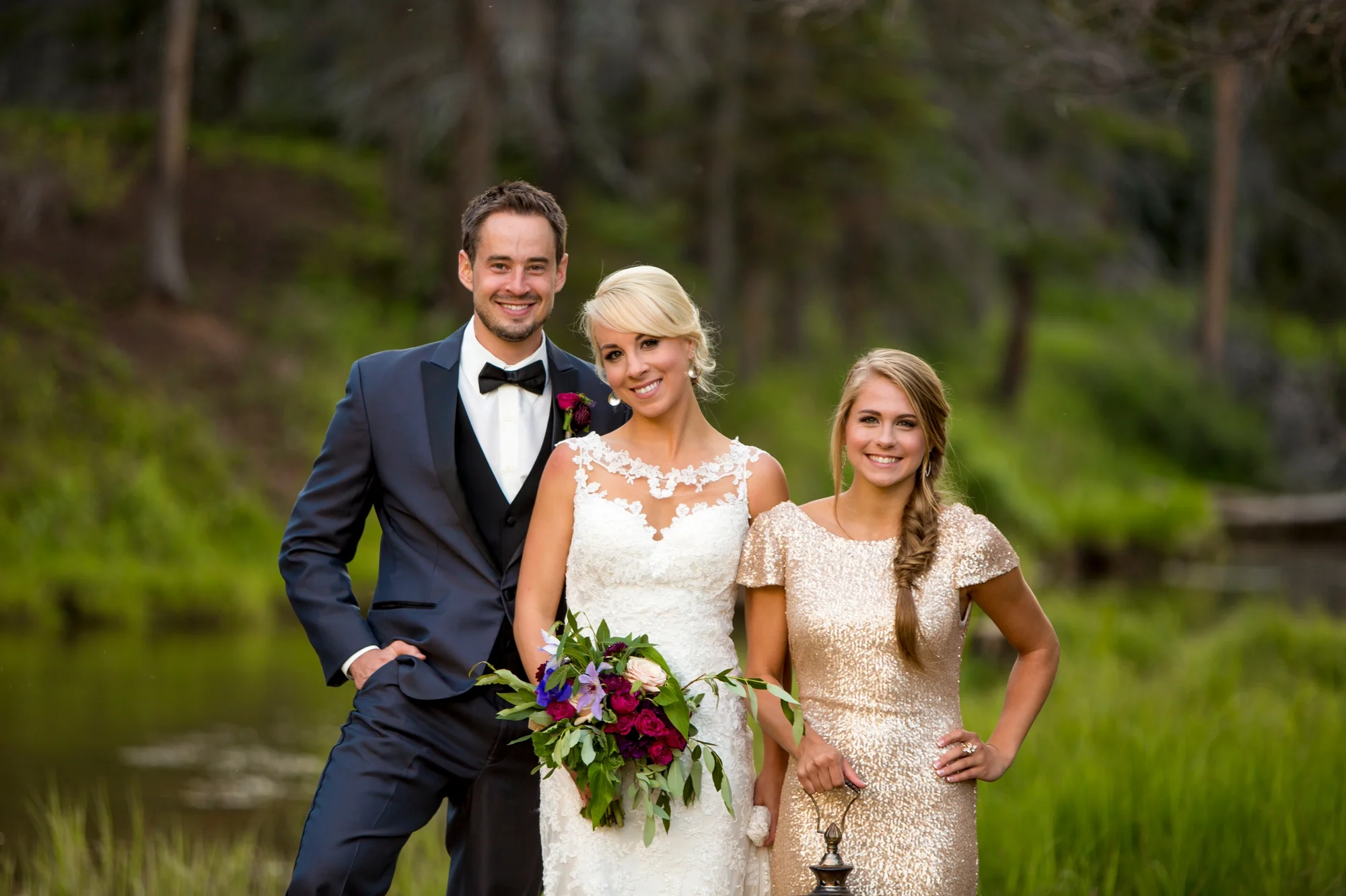 Dress & Tux from Dora Grace Bridal, Dress by Miss Stella York, Tux is Portofino & Sorella Vita Designer series Bridesmaid Dress: Modern Metallic 