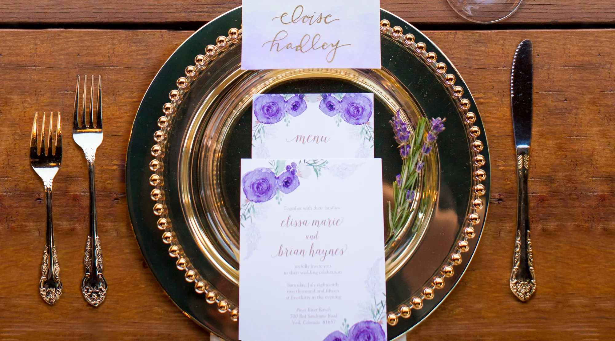 Stationery by Sage Paper, Co., place settings by Alpine Party Rentals