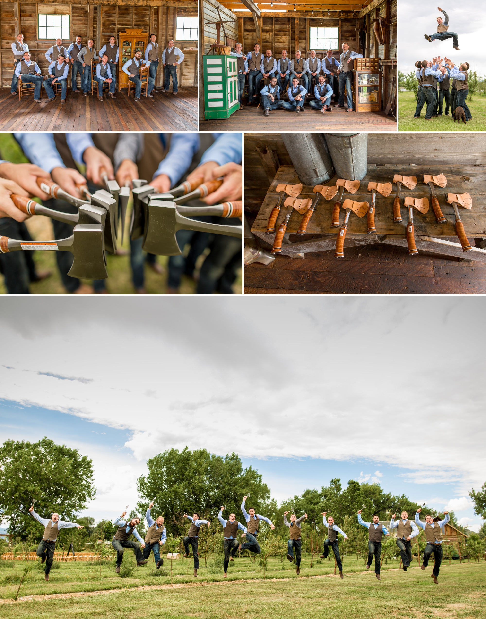 Groomsman photos complete with the rustic barn, hatches and why not, the groom 10' in the air!