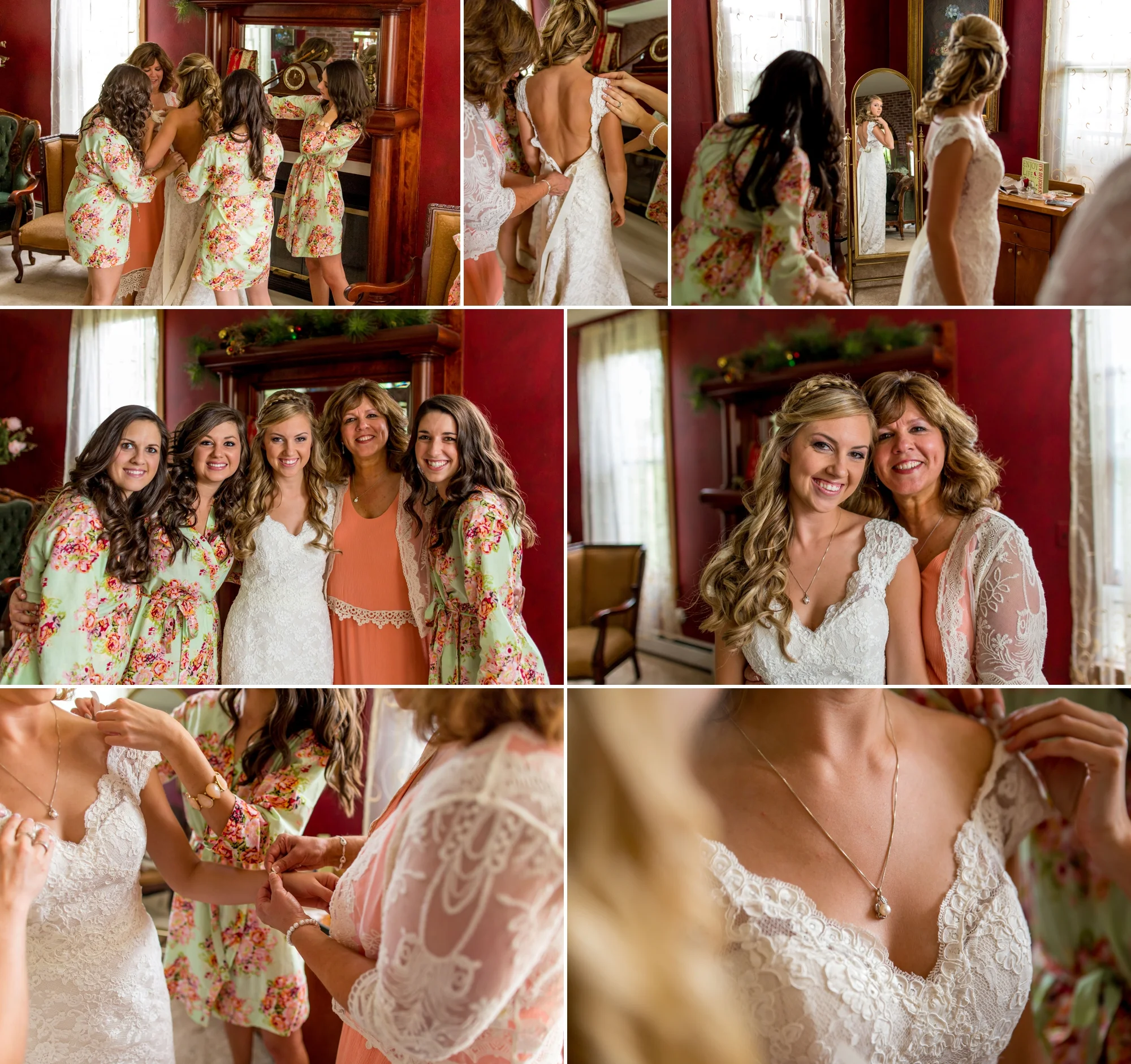 Ya Ya Farm & Orchard - Bridal suite complete with a gorgeous bride getting her dress on while MOH and sisters are in their custom robes. Stunning!
