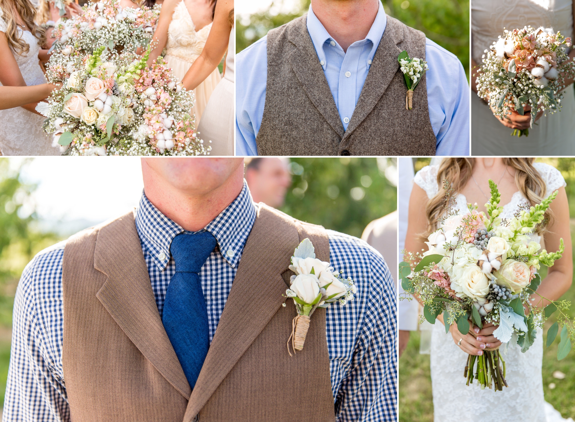 Bridesmaid and brides bouquets along with the groom and groomsman boutonnieres! Loved the details with the arrangements with hints of cotton to tie in the farm!!