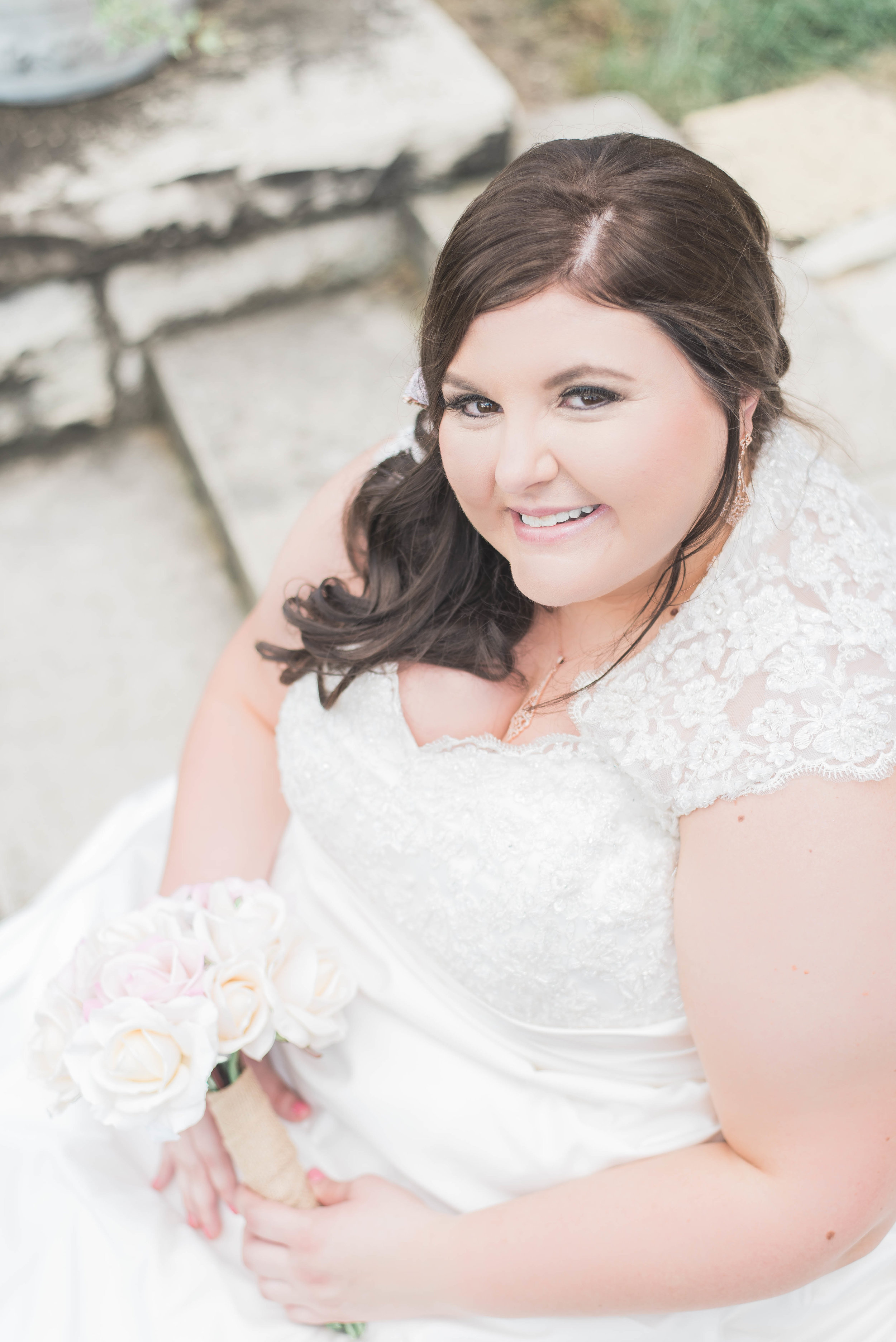 bride looking up at camera