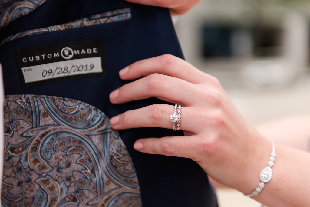 ring with embroidered wedding date on tuxedo
