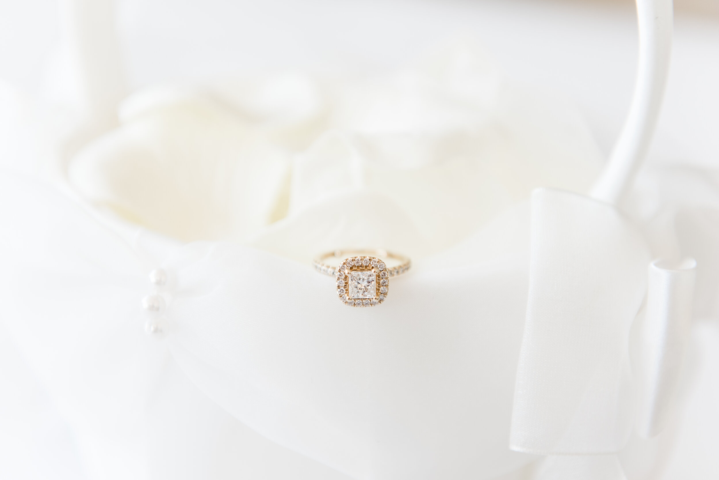 wedding ring detail shot on flower girl basket