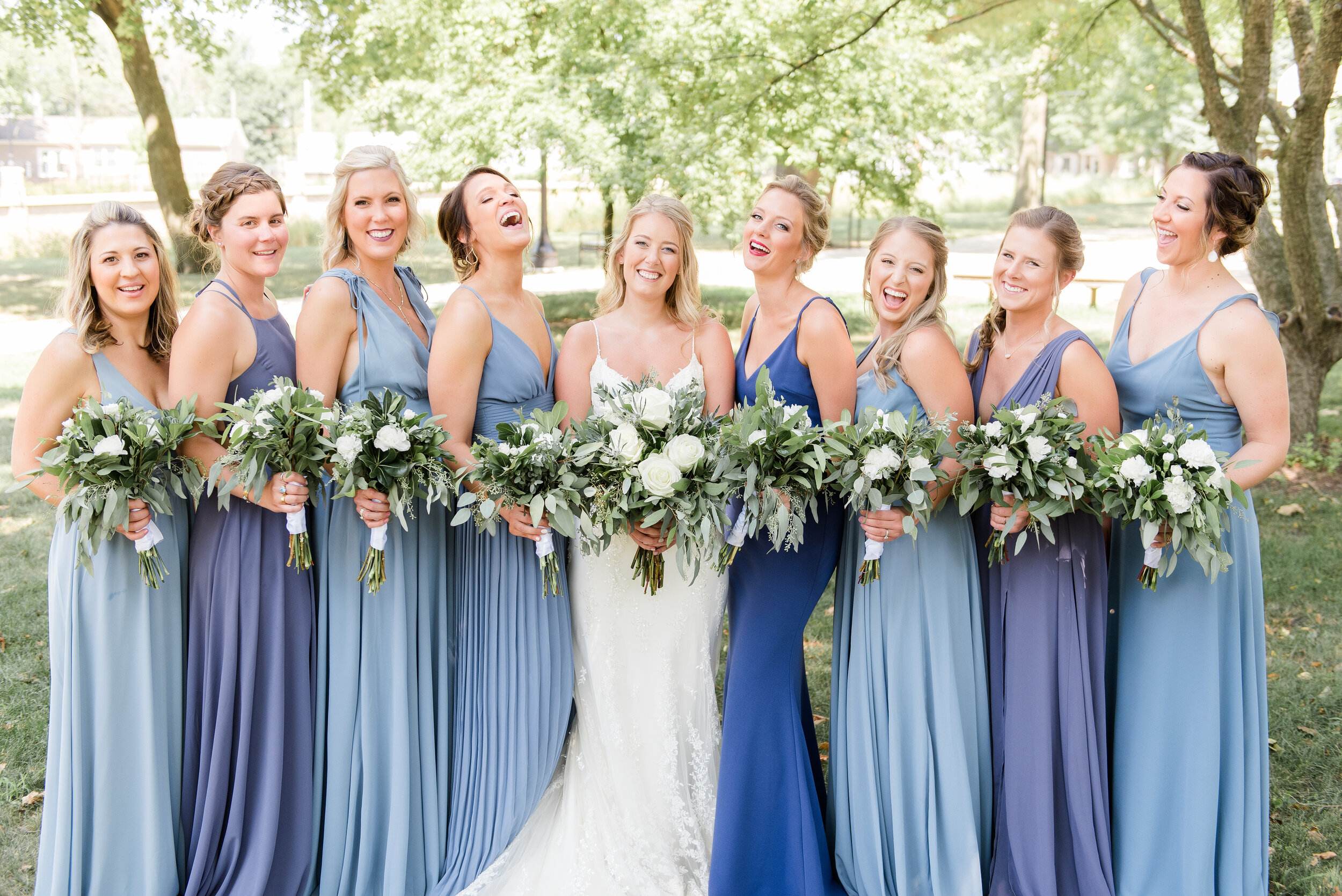 bride with bridesmaids, blue color scheme 
