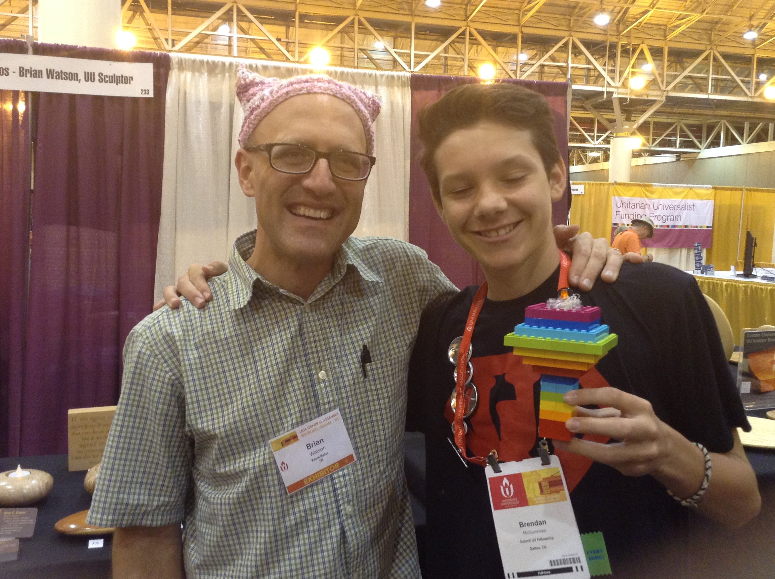 The LEGO Chalice, rebuilt! Brendan came by my husband Brian's booth several times during GA 2017, and each time built the LEGO Chalice a new way. Here he is holding one of his LEGO Chalice creations...he even used all 76 pieces!