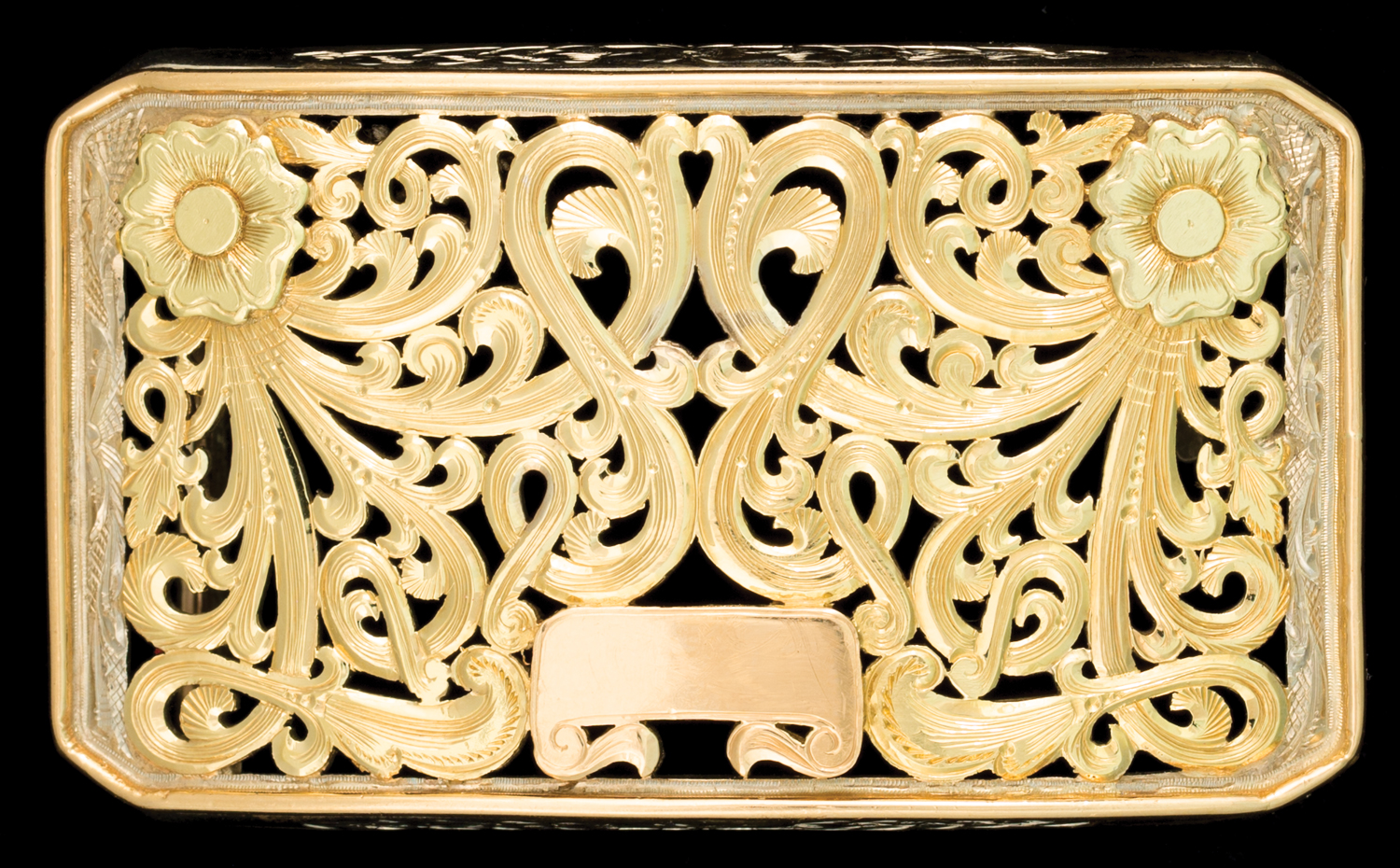 Lot 85: 18K Gold Filigreed Buckle by the Distinguished Hudson Silver of Dallas, Texas, est. $10,000-14,000 EX: Harry Hudson Collection.