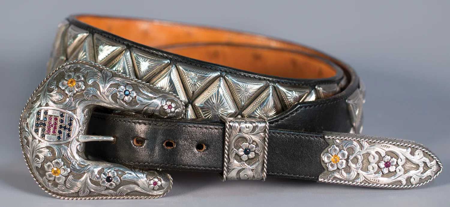 Lot 88: Edward H. Bohlin Silver and Jeweled Buckle Set, Sold $7,670 EX: Harry Hudson Collection