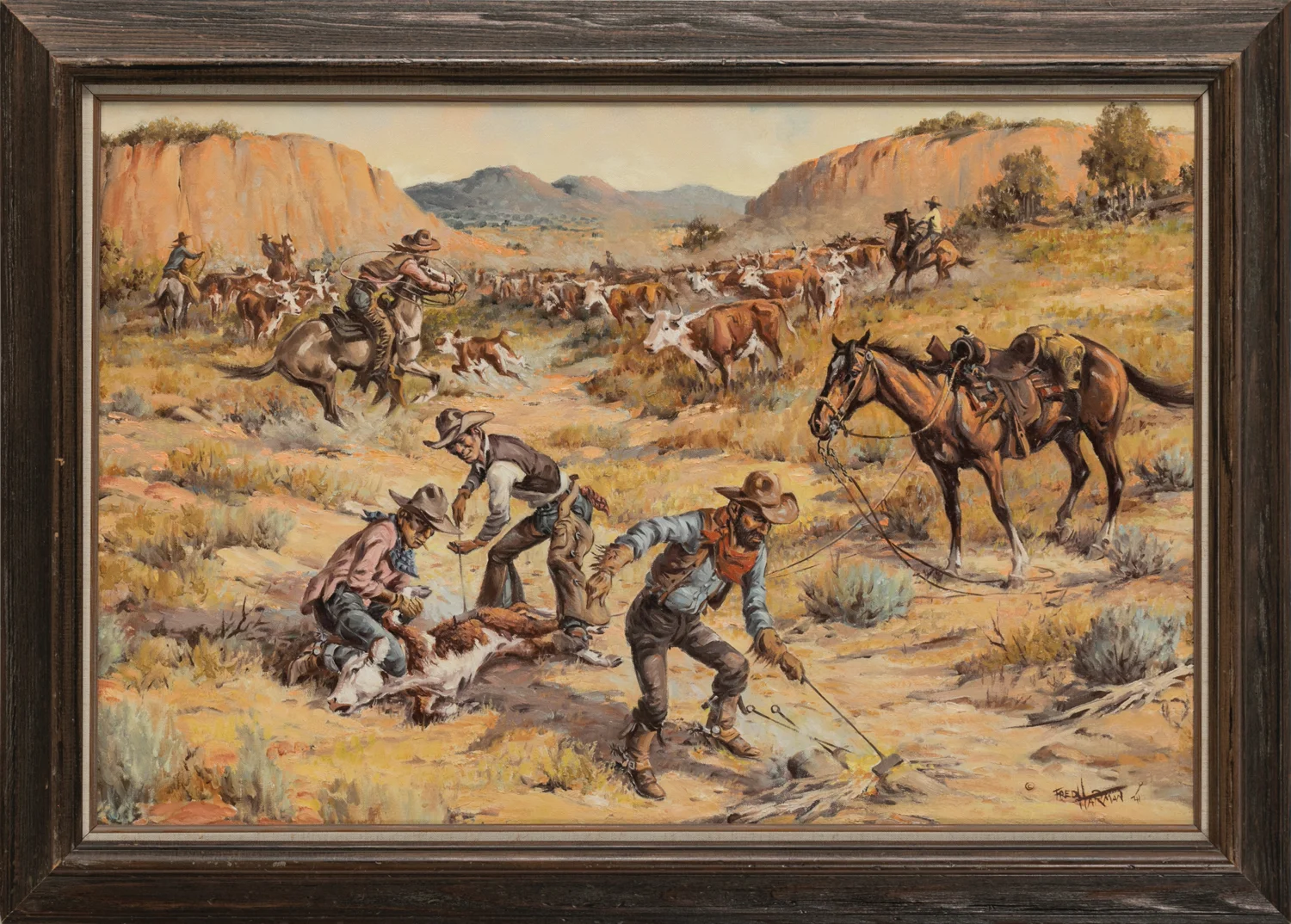 Lot 168, Fred Harman, "Burning Hair and Sweat", Oil on canvas, 20" x 30". Sold 4,840