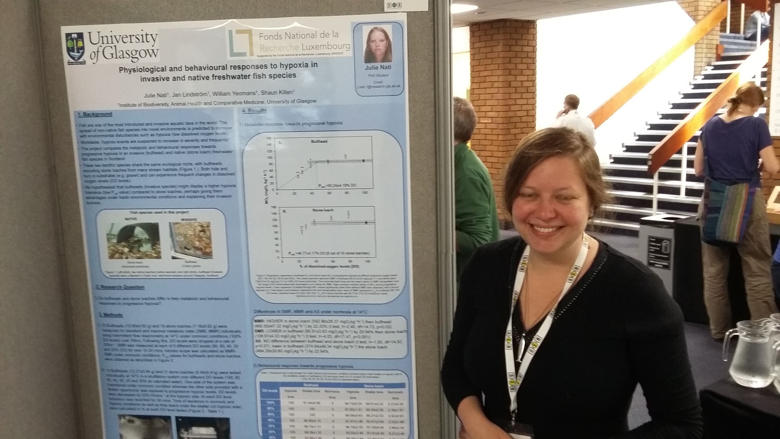 Ph.D. student Julie Nati is caught mid-blink as she presents here poster on how invasive bullheads and native stone loaches may differ in their hypoxia tolerance.