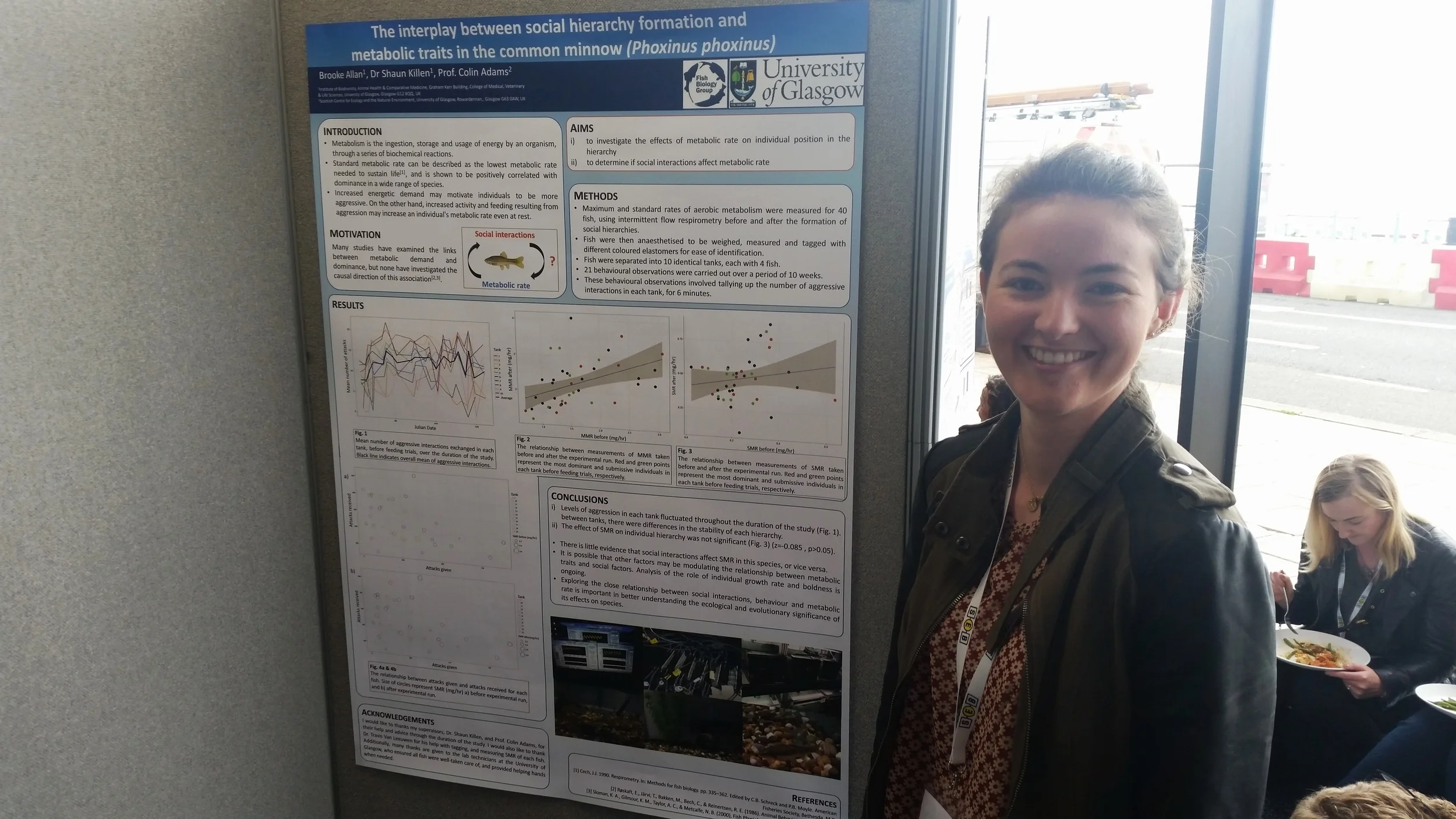 Master's student Brooke Allan presents her poster on social interactions and metabolic traits in minnows.