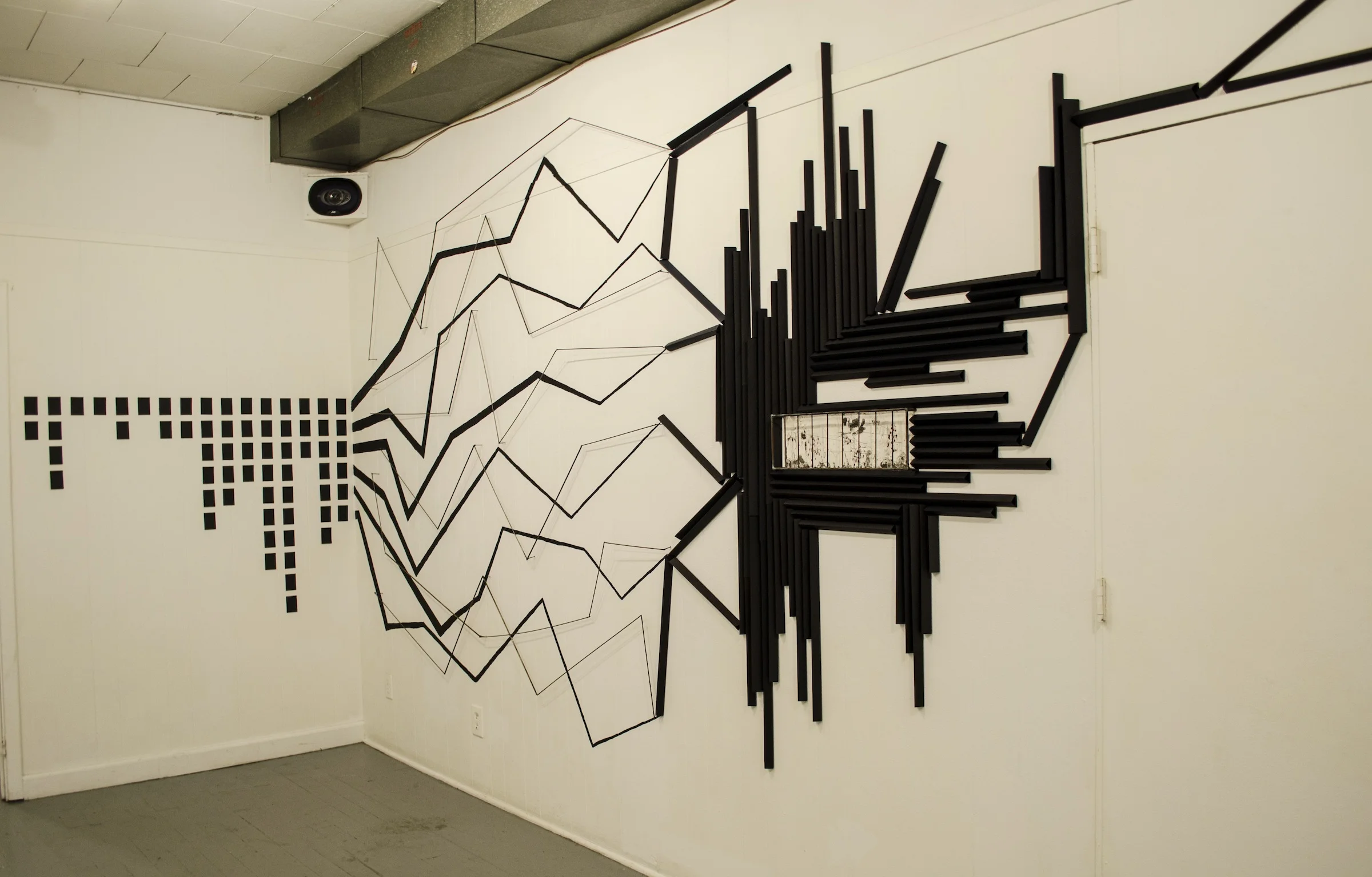 Beginning of the installation Cut paper, direct drawing, welded iron, folded paper, etching 2014