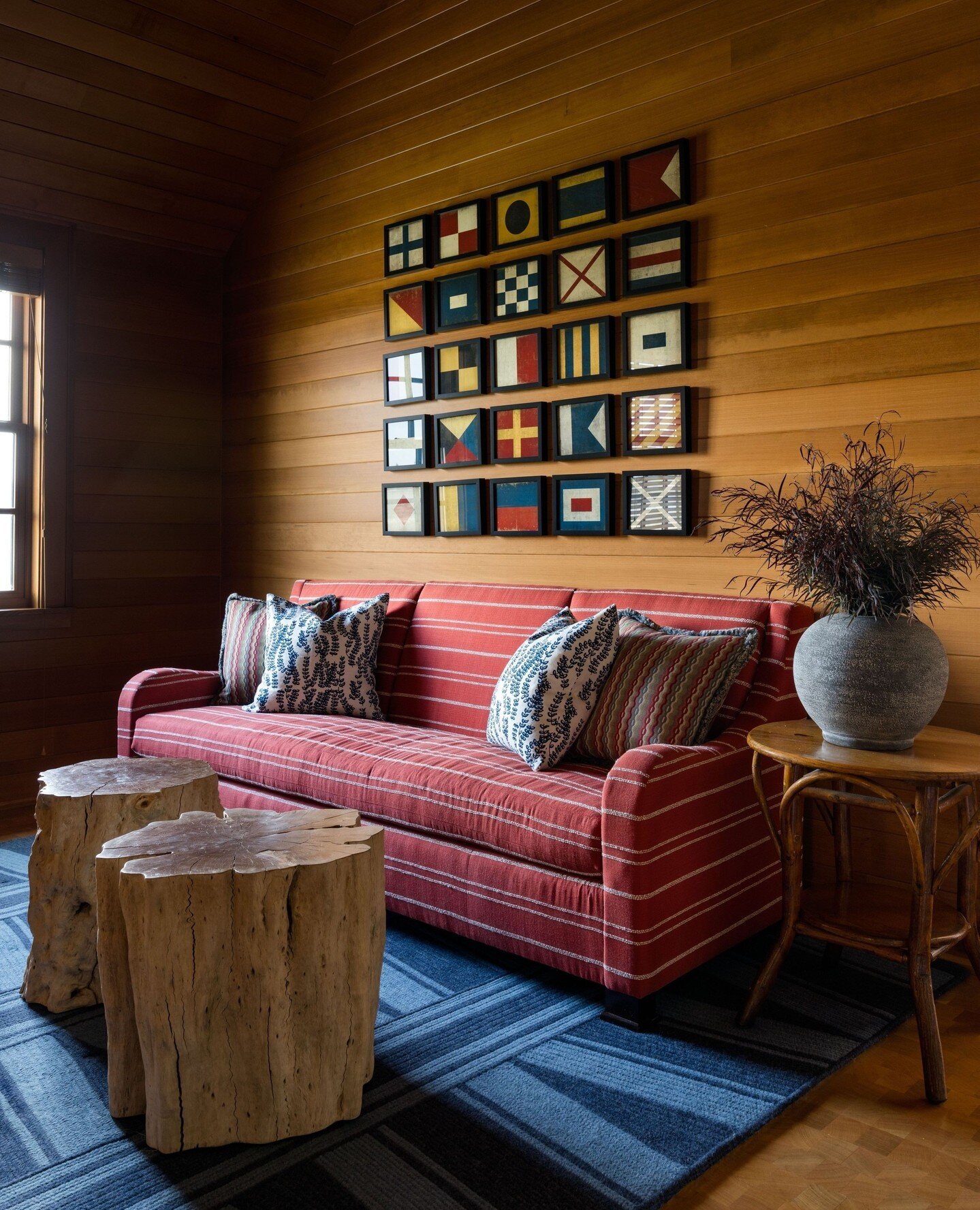 A quiet moment in our Puget Sound Residence. We strive to put together rooms that have a 'gathered' quality.  We find rooms with authenticity to stand the test of time and be more comfortable. In this sitting room we combined custom tables from local