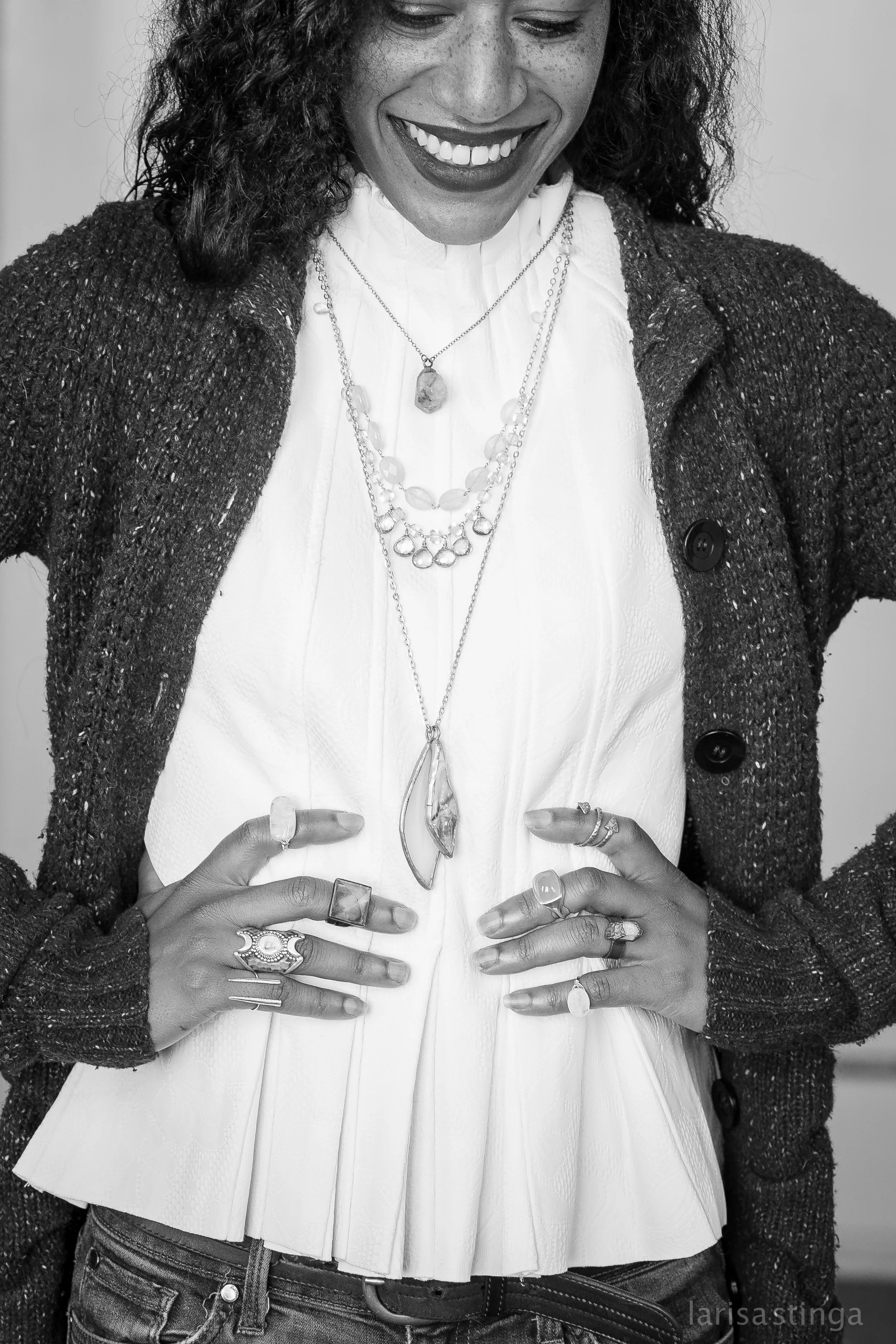Look 4: Necklaces: Turquoise Pendant; Hawkhouse 2 strand with semi-precious stones; Brenda Benware Stained Glass Leaf Necklace; Lissie Hoffert Left Hand: Gold wire wrapped semi-precious stone ring; Brenda Benware Square Ring and Moonstone Silver Ring; both by Sarah Lewis Sterling Silver Stingray Barb Ring; Hannah Guerin Jewelry Right Hand: Oasis Ring; Nettie Kent Jewelry Gorgeous Chrysoprase Ring; Richard Hamilton Lg Crystal Ring; hawkhouse Gold-wrapped semi precious stone ring by Brenda Benware All Jewelry items are available at Driftwood Jewelry Marthas Vineyard located in Oak Bluffs