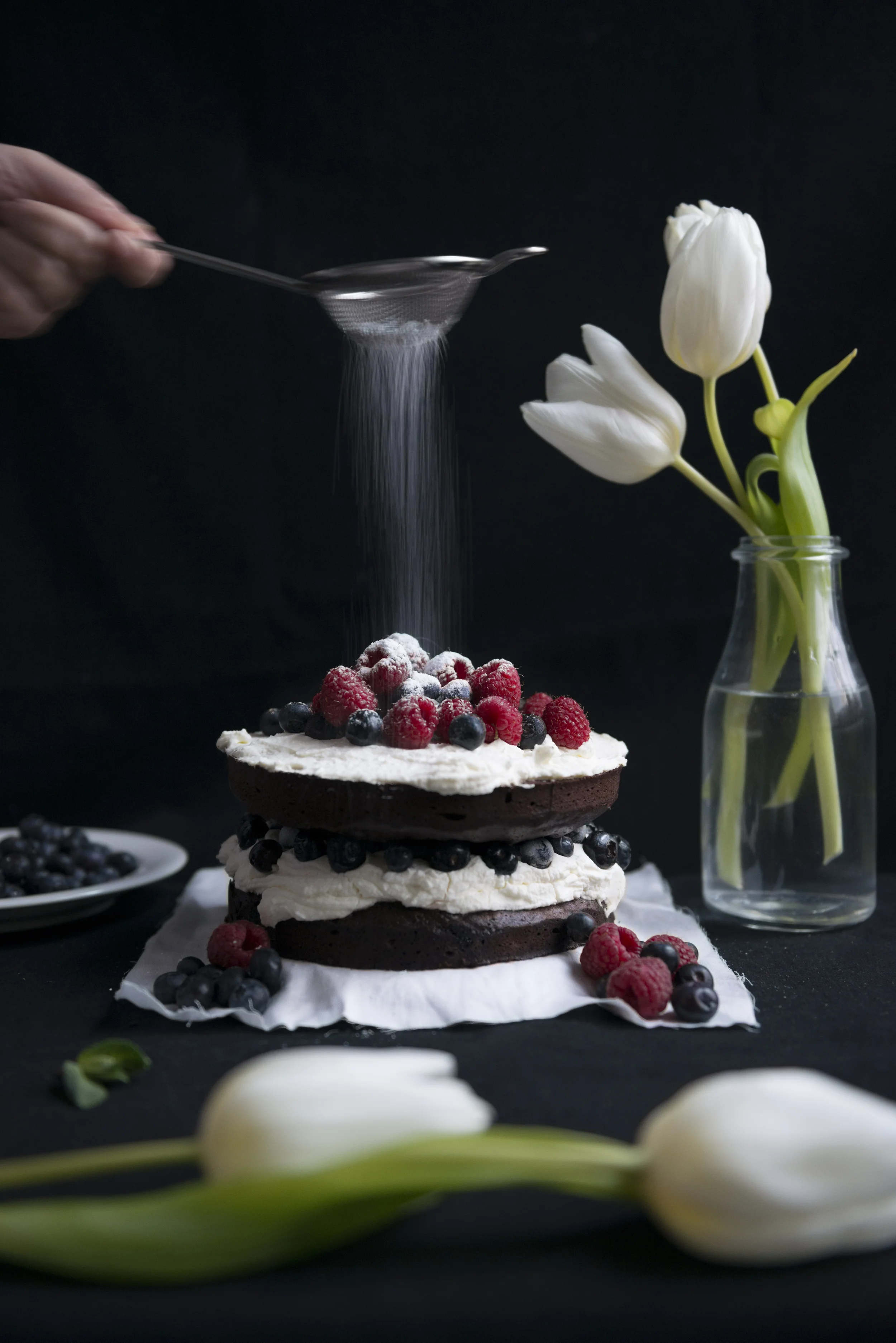 Food Photography Chocolate Cake with Mascarpone and Berries