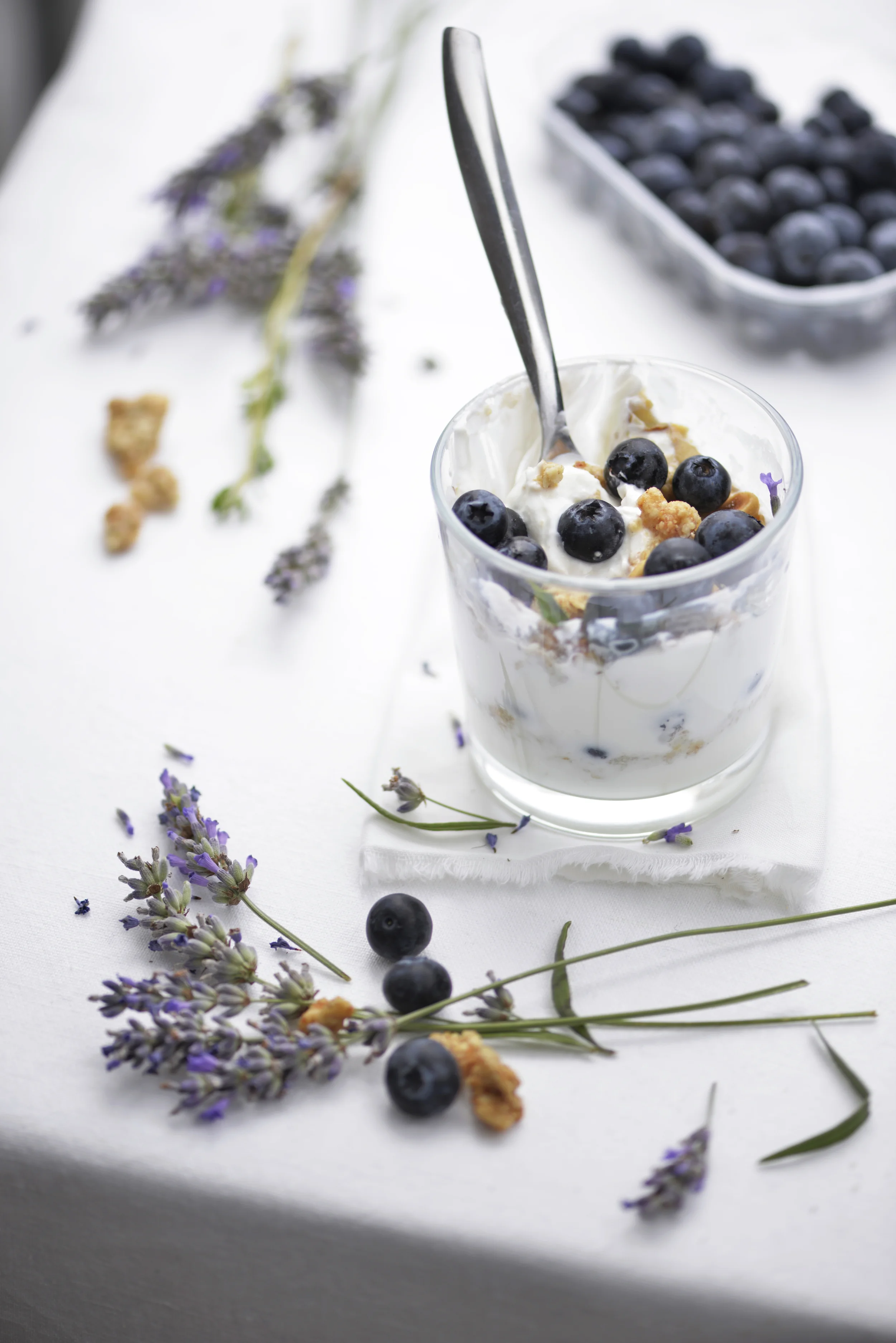 Food Photography Greek yogurt, Muesli and Blueberries with Lavender and Thyme