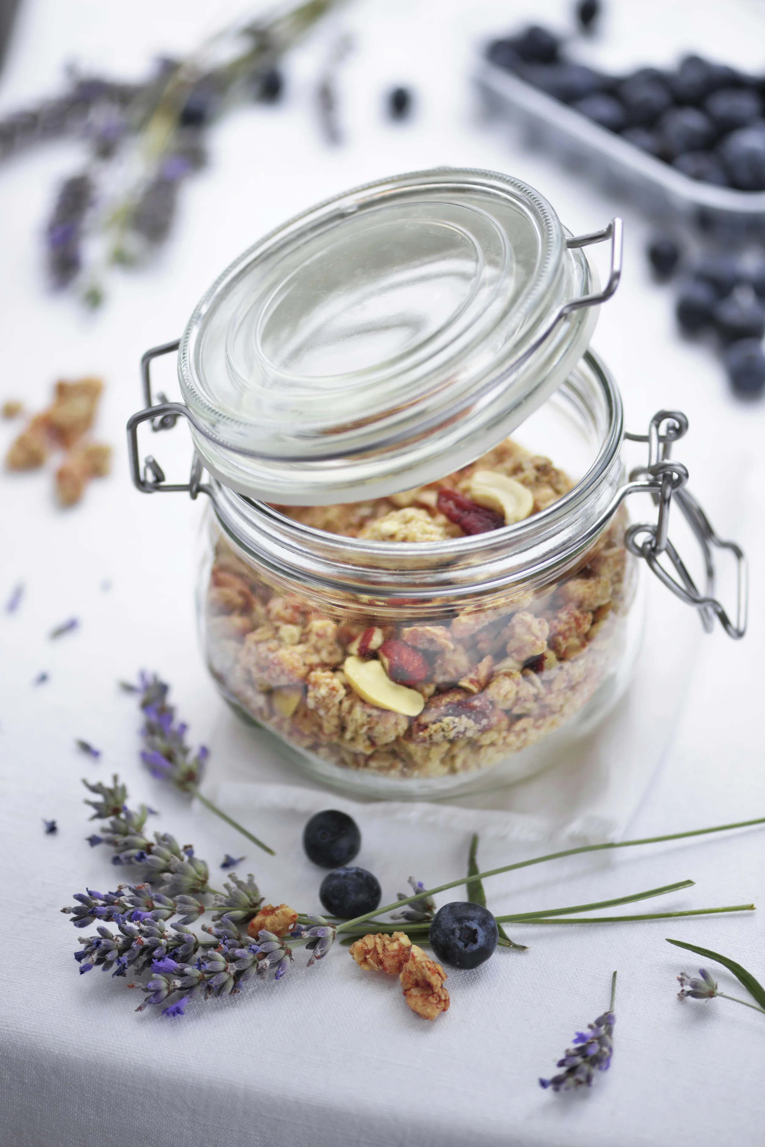 Food Photography Greek yogurt, Muesli and Blueberries with Lavender and Thyme