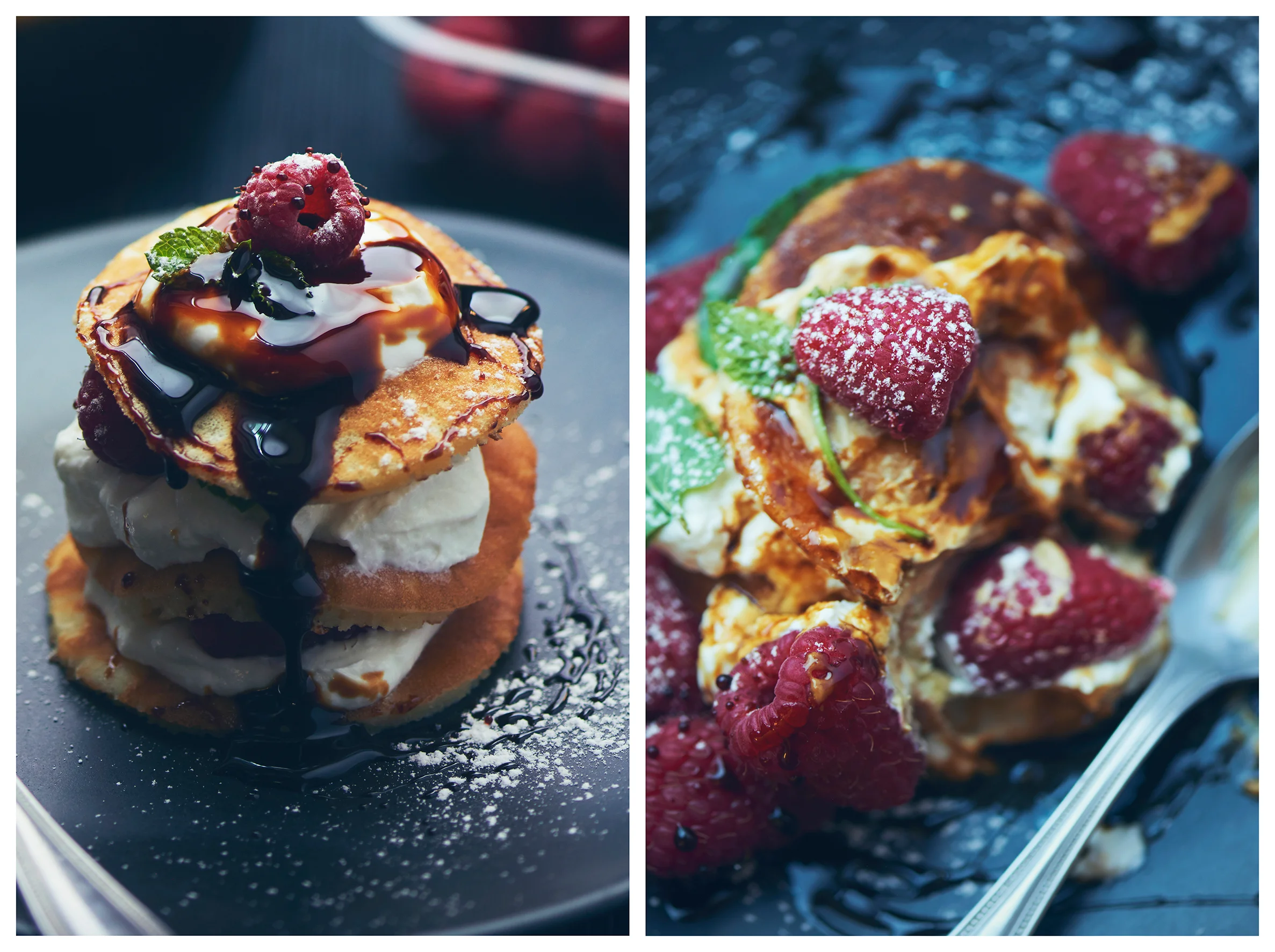 Food Photography Mini-Pancakes with Apple Sauce and Fresh Raspberries